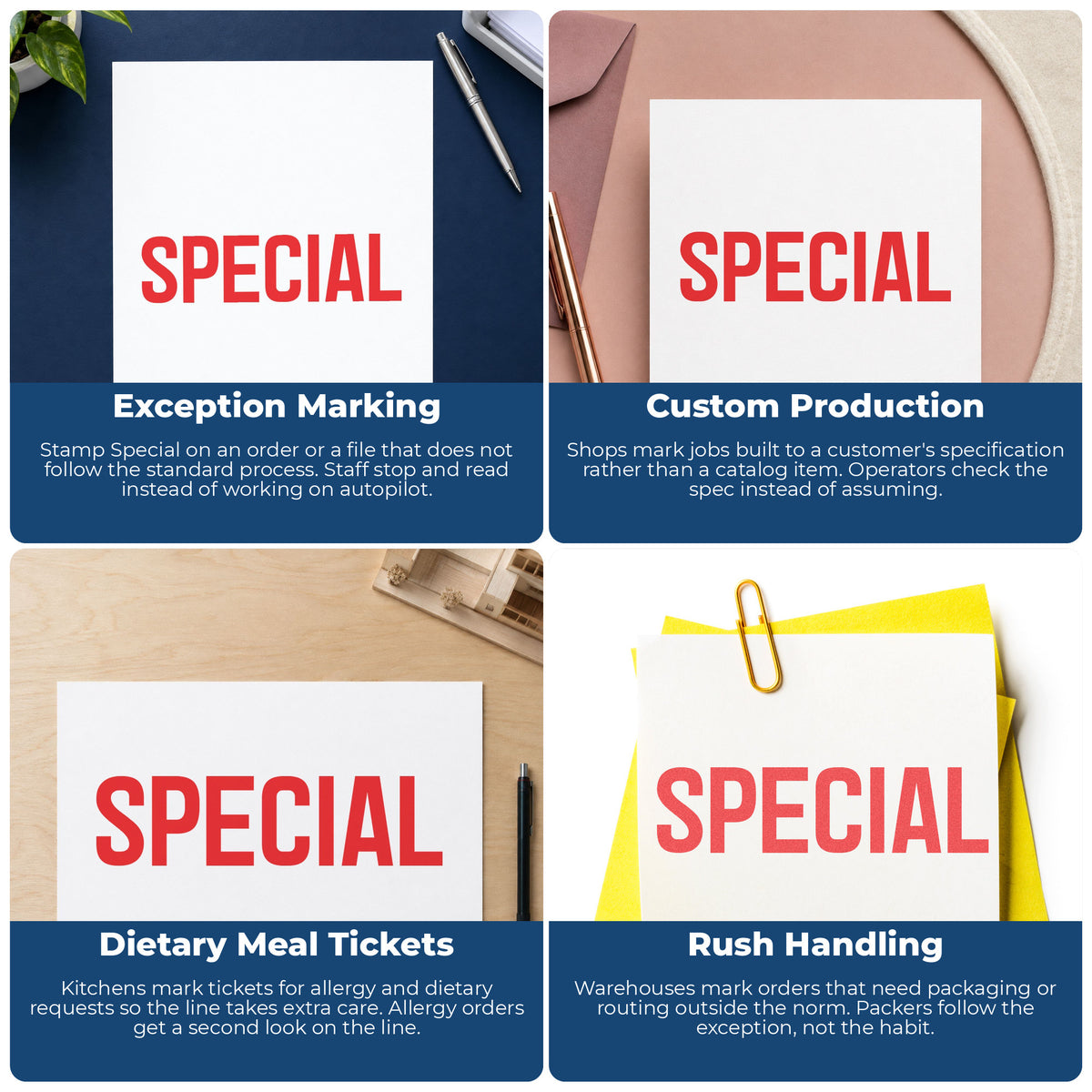 "Special" imprint applied to paperwork, rectangle impression at Approximately 1/2 in tall x 1-5/8 in wide