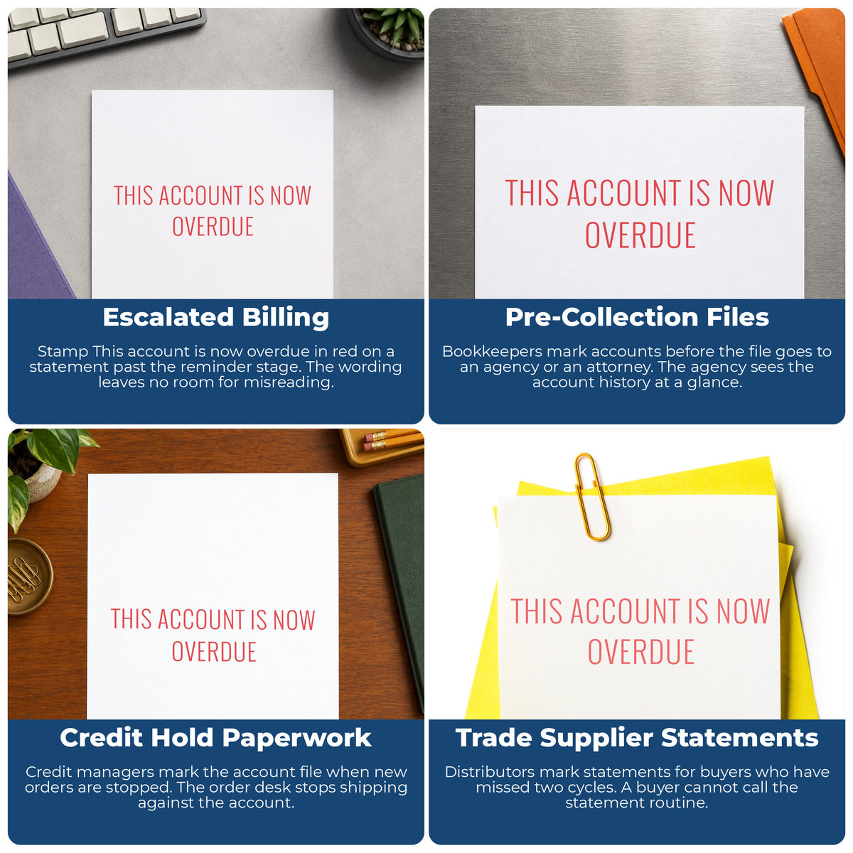 "This account is now overdue" imprint applied to paperwork, rectangle impression at 1/2 x 1-5/8 in