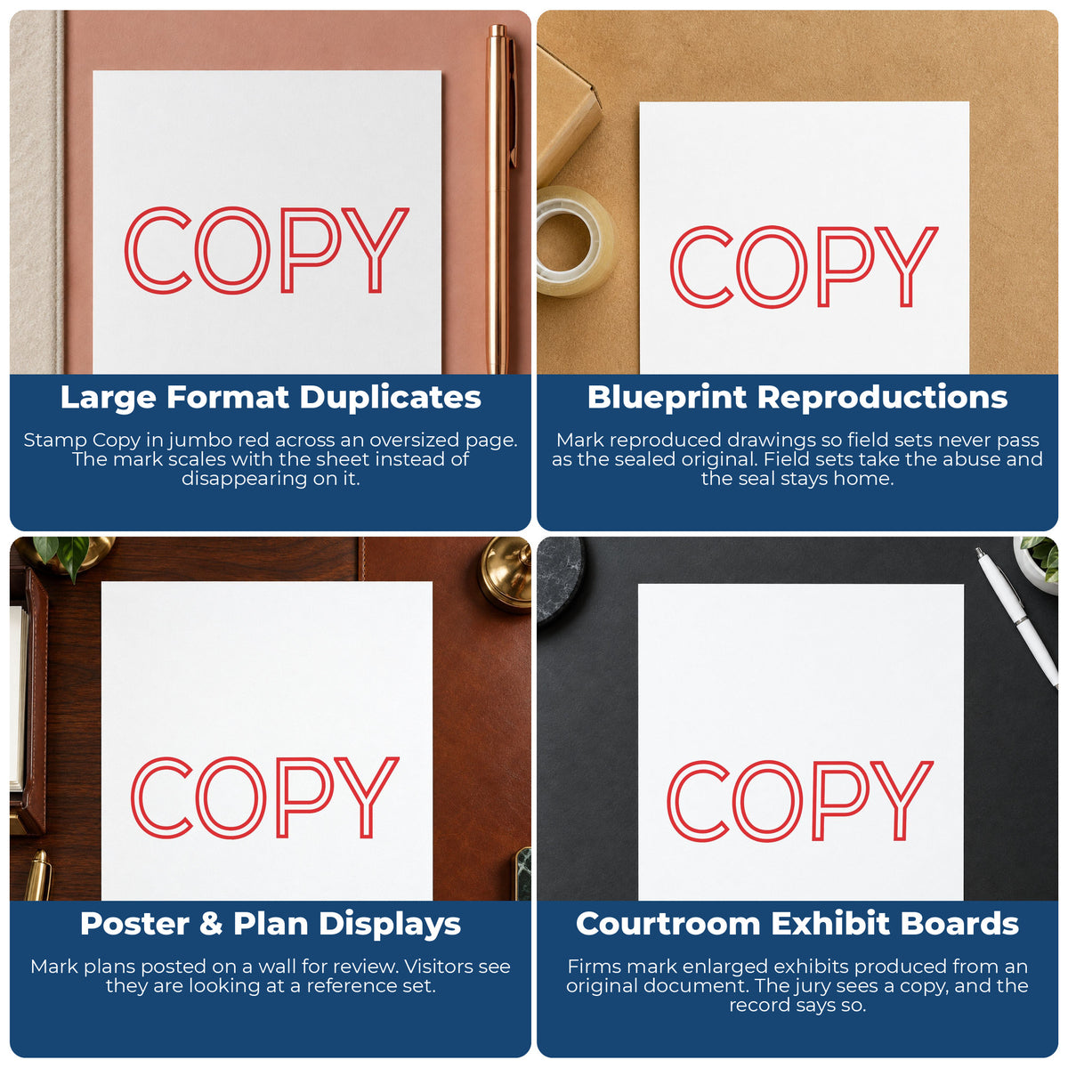 "Copy" imprint applied to paperwork, rectangle impression at 7/8 x 2-3/4 in