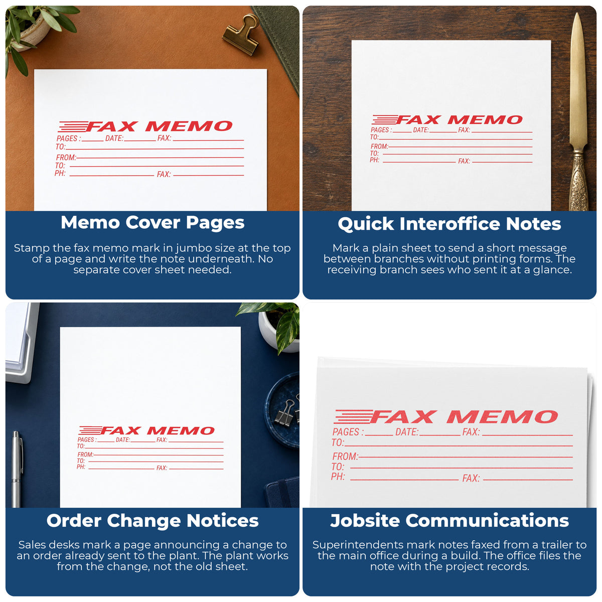 "Fax memo" imprint applied to paperwork, rectangle impression at Approximately 7/8 in tall x 2-3/4 in wide