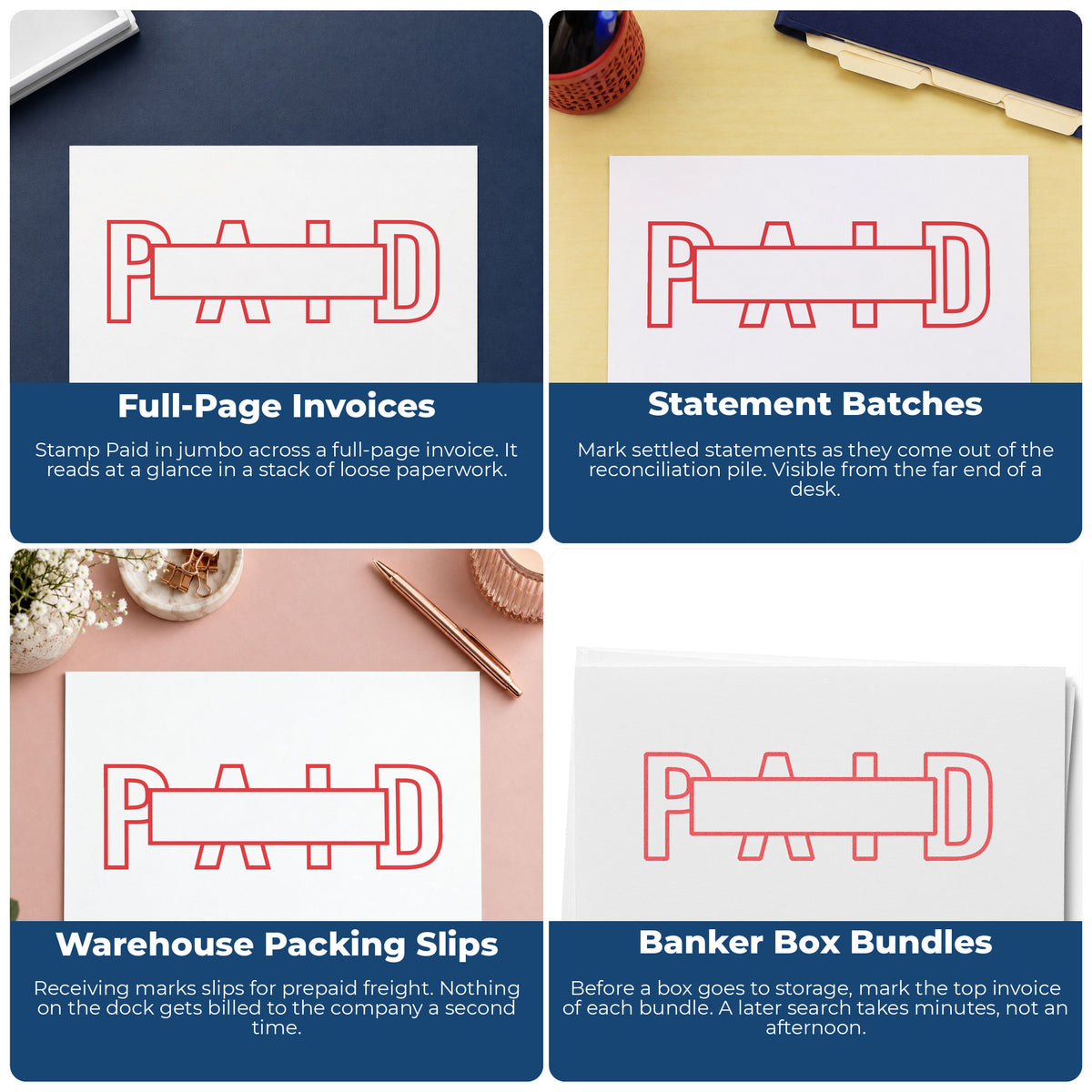 "Paid" imprint applied to paperwork, rectangle impression at Approximately 7/8 in tall x 2-3/4 in wide