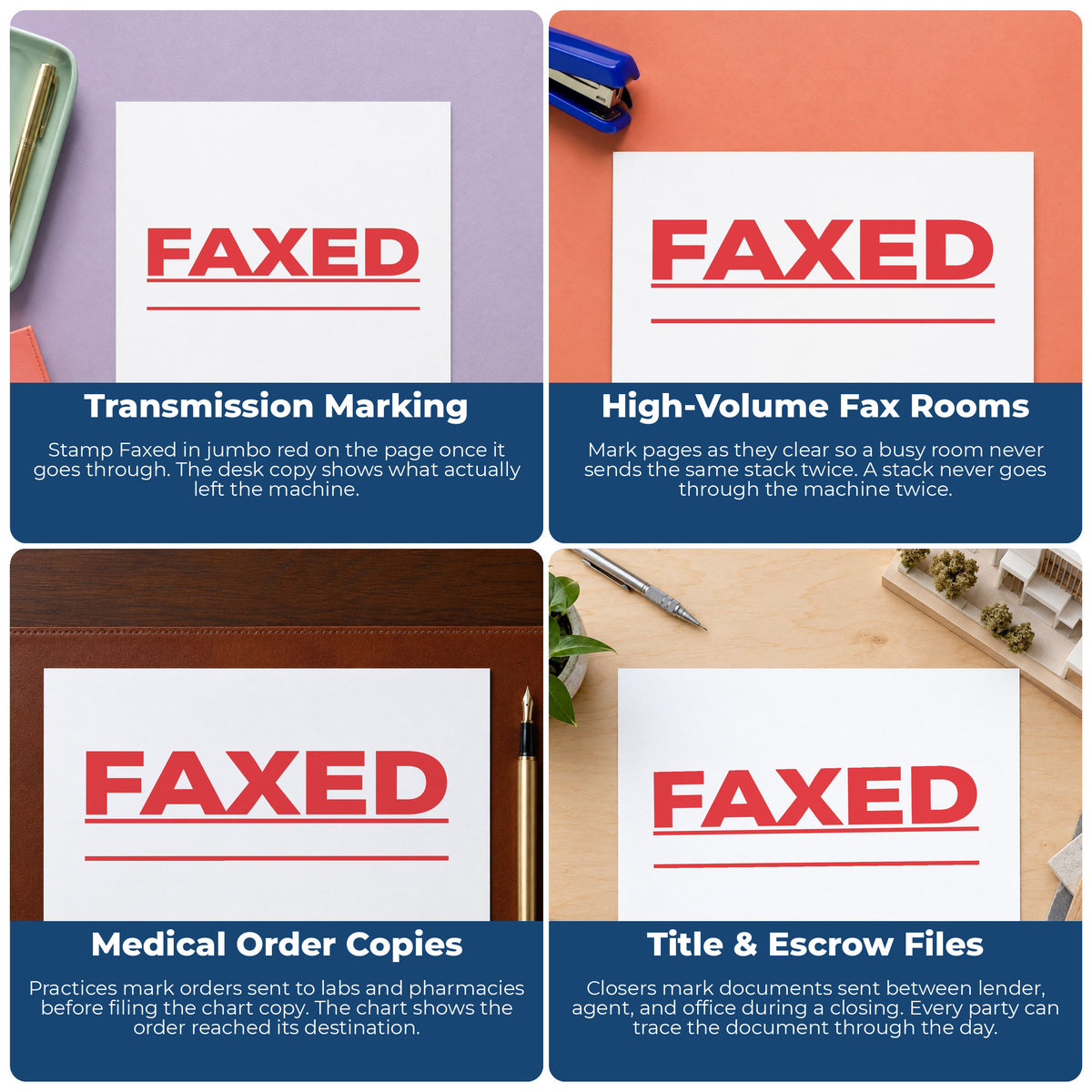 "Faxed" imprint applied to paperwork, rectangle impression at 7/8 x 2-3/4 in