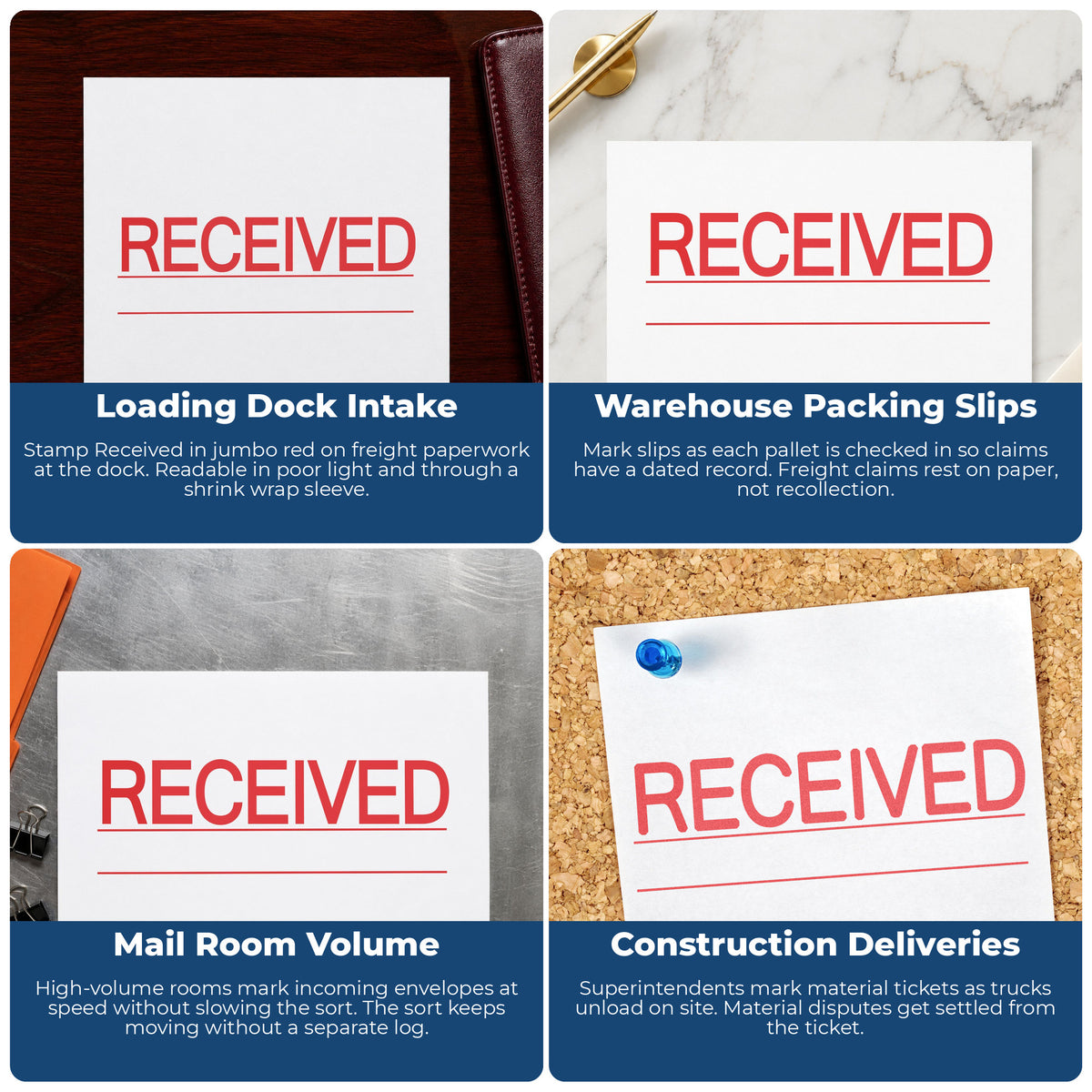 "Received" imprint applied to paperwork, rectangle impression at Approximately 7/8 in tall x 2-3/4 in wide