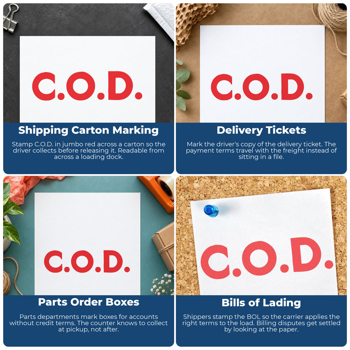 "C.O.D." imprint applied to paperwork, rectangle impression at 7/8 x 2-3/4 in