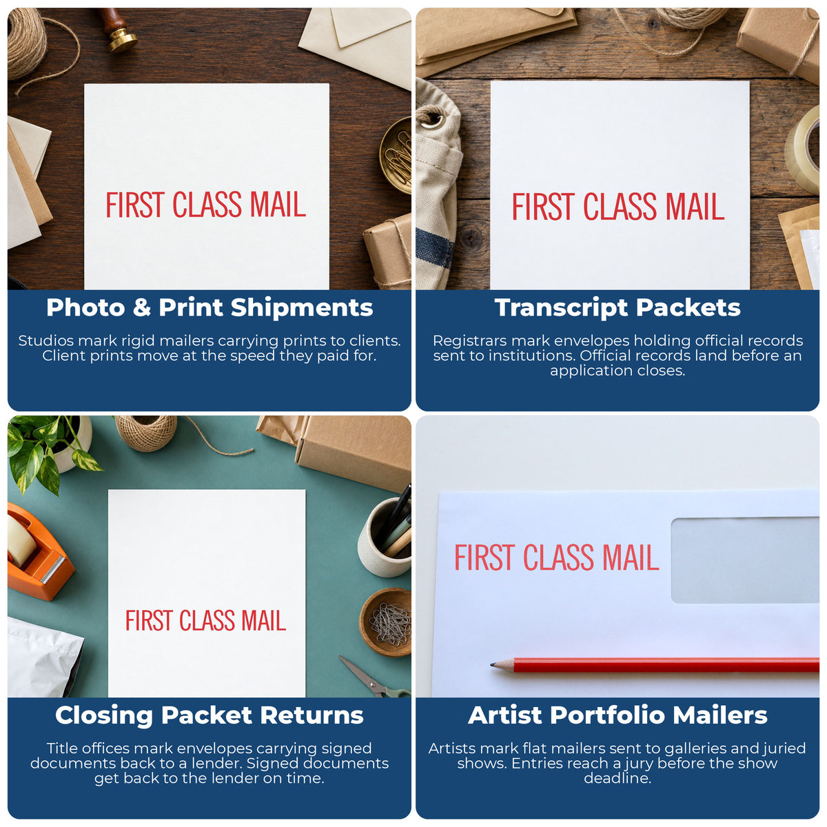 "First class mail" pre-inked stamp alongside the mark it leaves on a page