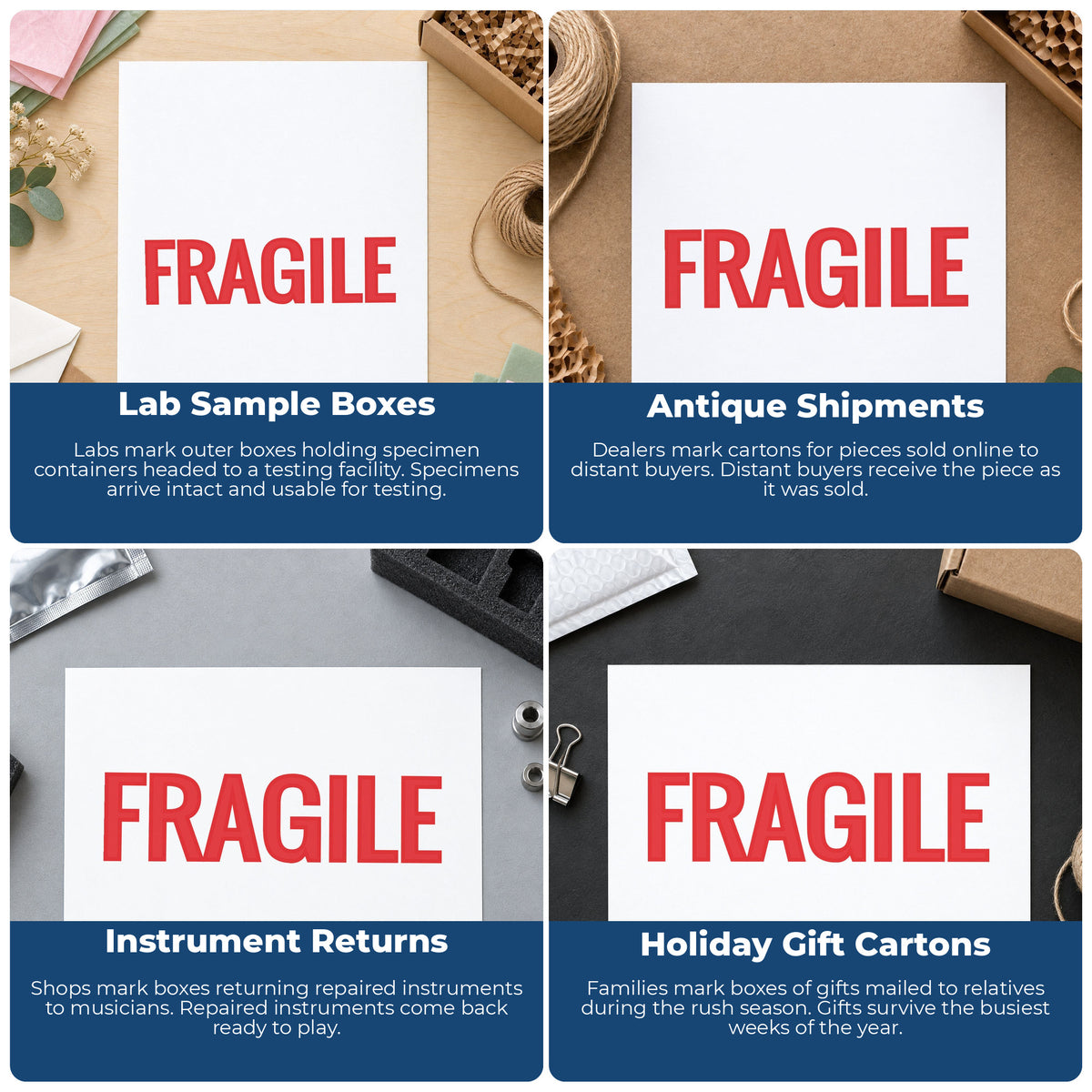 "Fragile" pre-inked stamp alongside the mark it leaves on a page