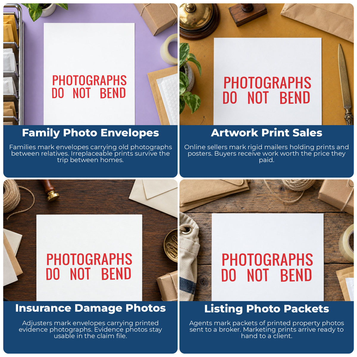 "Photographs do not bend" pre-inked stamp alongside the mark it leaves on a page