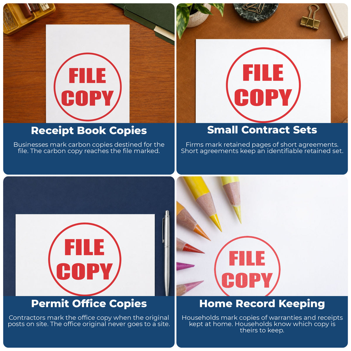 "File copy" pre-inked stamp alongside the mark it leaves on a page