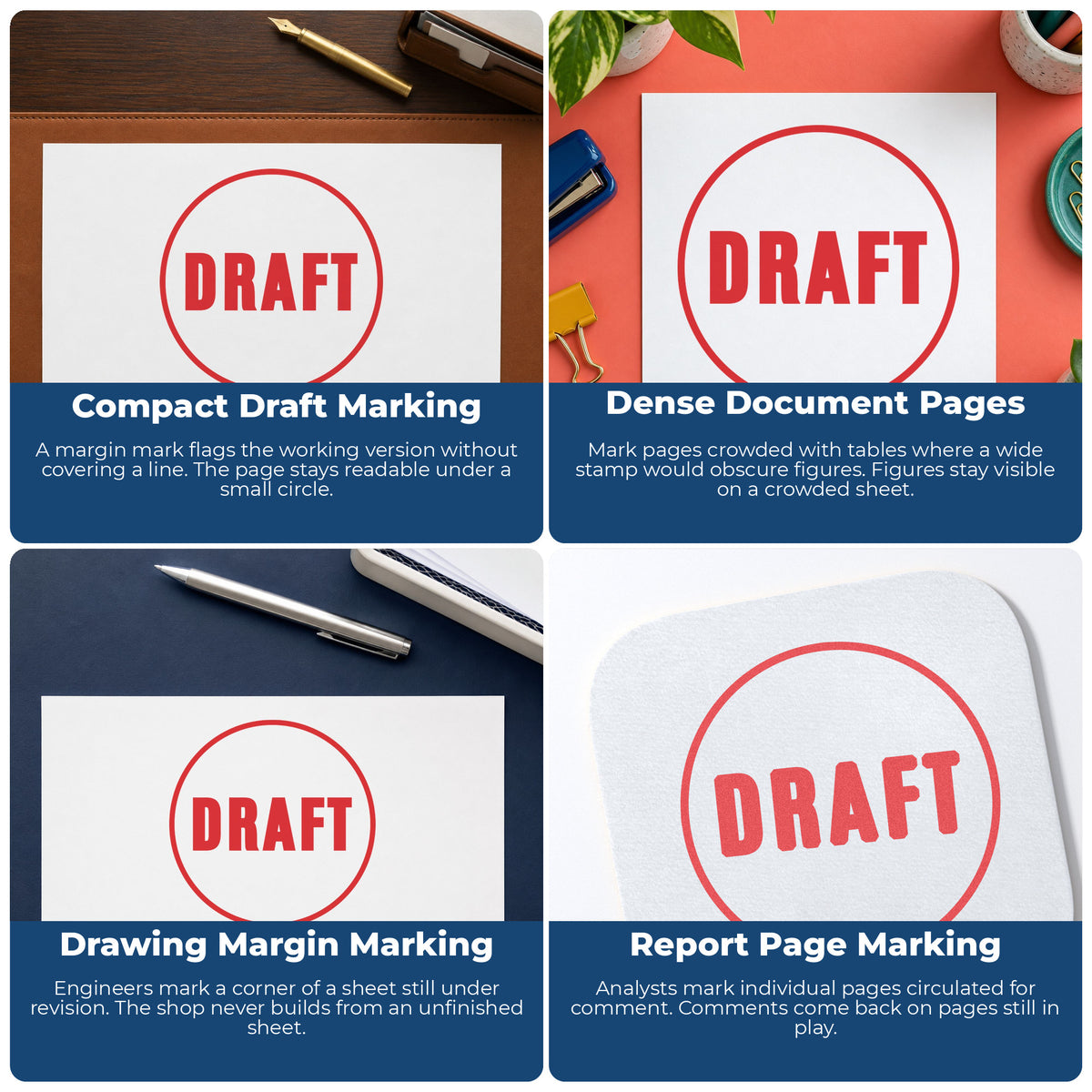 "Draft" imprint applied to paperwork, round impression at Approximately 5/8 in diameter