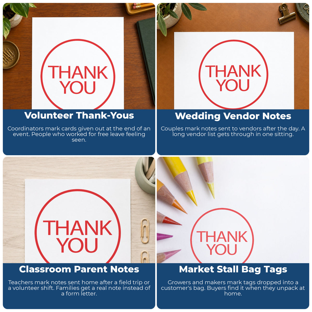 "Thank you" pre-inked stamp alongside the mark it leaves on a page