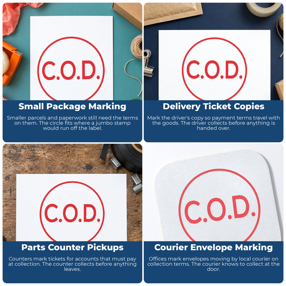 "C.O.D." imprint applied to paperwork, round impression at Approximately 5/8 in diameter