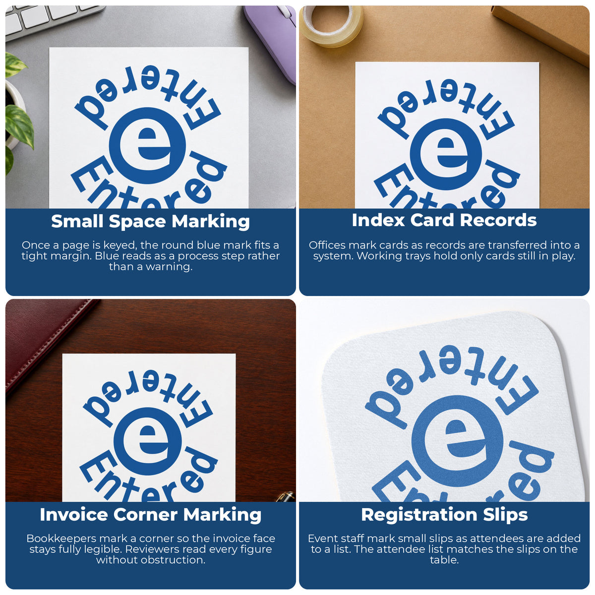 "Entered" imprint applied to paperwork, round impression at Approximately 5/8 in diameter