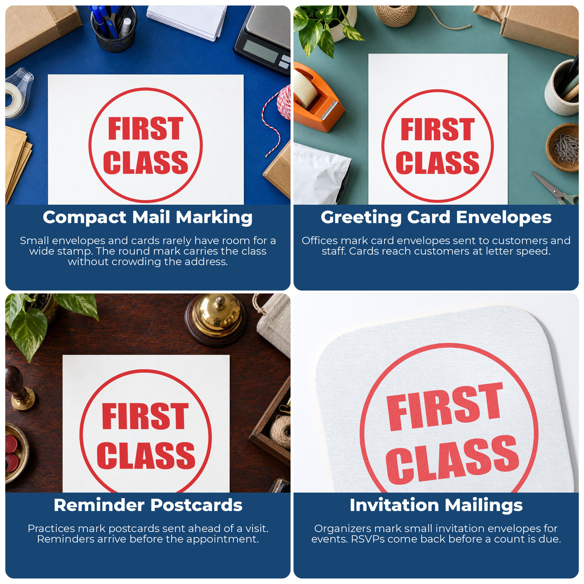 "First class" imprint applied to paperwork, round impression at Approximately 5/8 in diameter