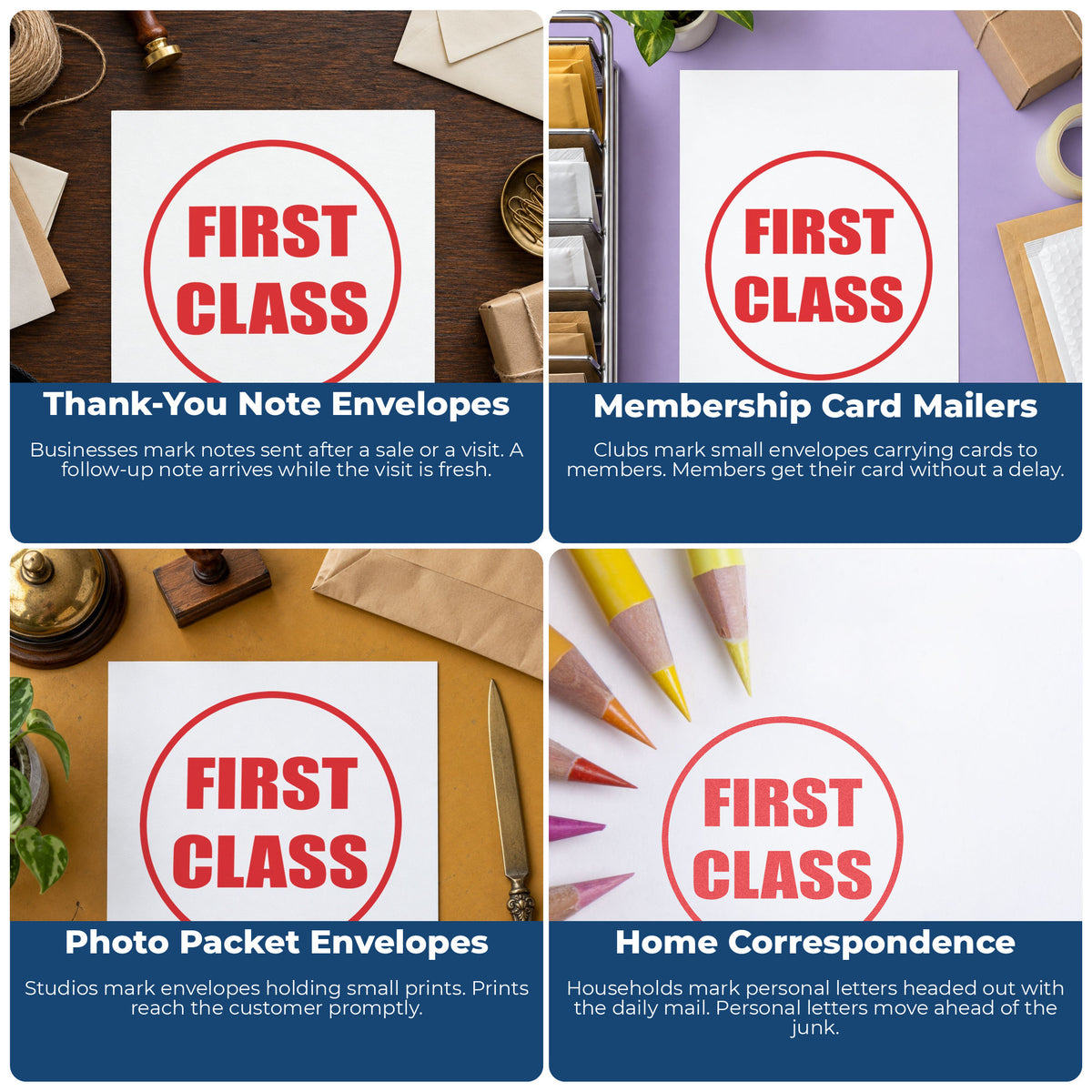 "First class" pre-inked stamp alongside the mark it leaves on a page