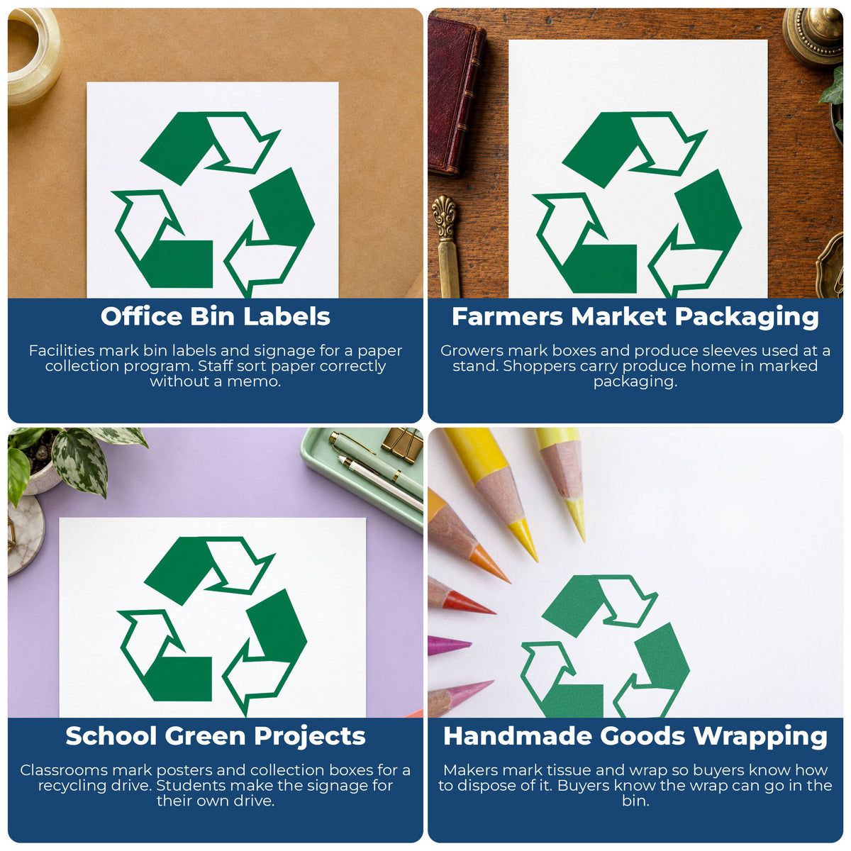 "Recycle logo" pre-inked stamp alongside the mark it leaves on a page