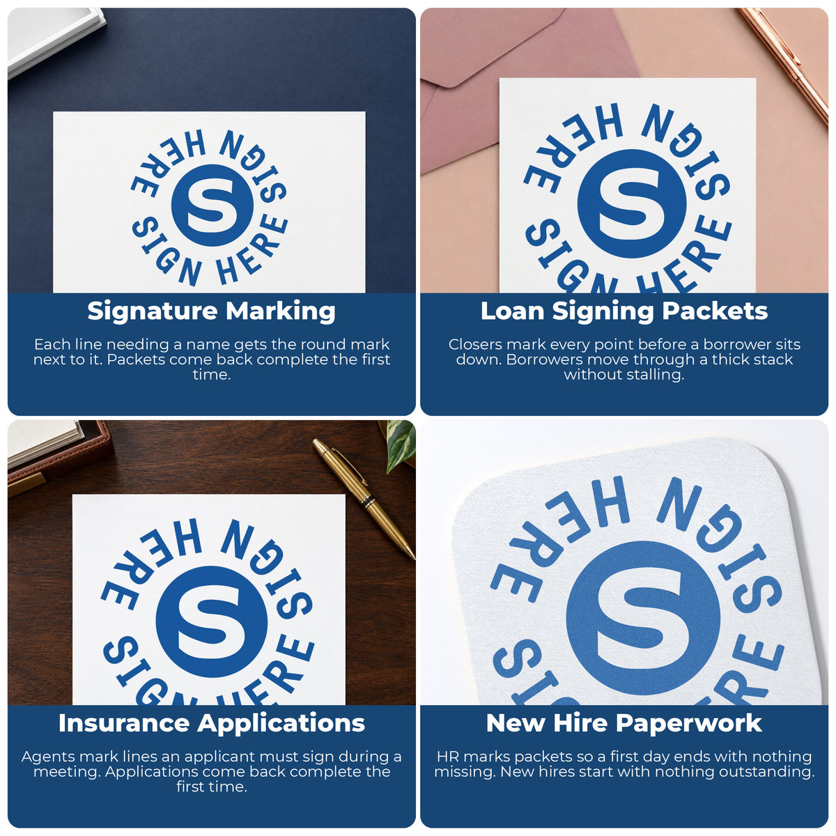 "Sign here" imprint applied to paperwork, round impression at Approximately 5/8 in diameter