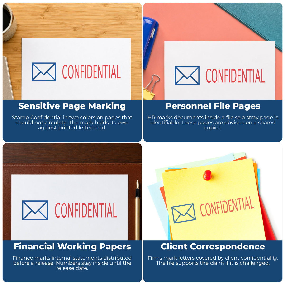 "Confidential" imprint applied to paperwork, rectangle impression at 1/2 x 1-5/8 in