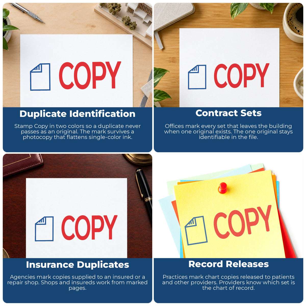 "Copy" imprint applied to paperwork, rectangle impression at Approximately 1/2 in tall x 1-5/8 in wide