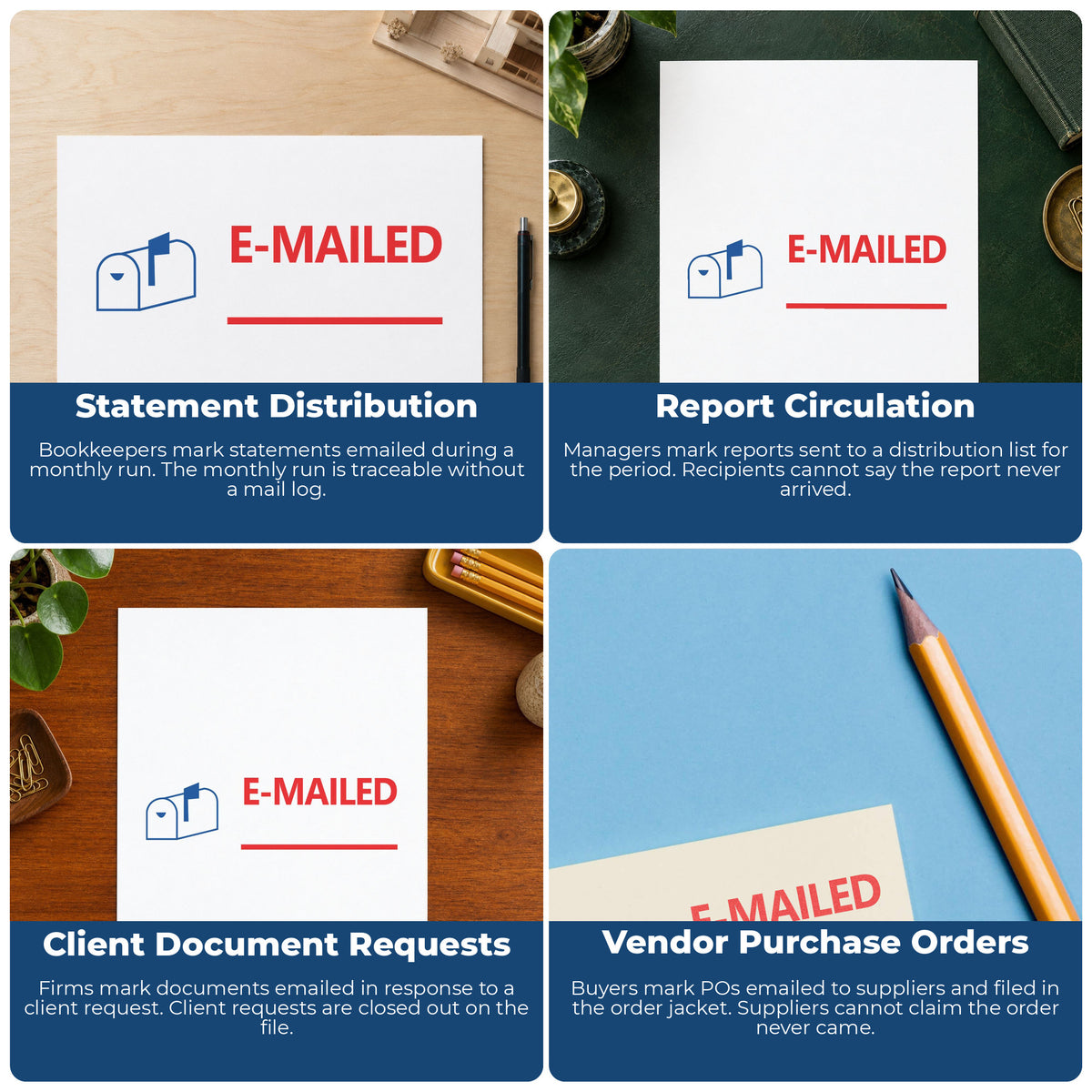 "Emailed" pre-inked stamp alongside the mark it leaves on a page