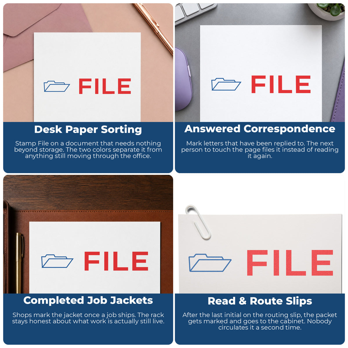 "File" imprint applied to paperwork, rectangle impression at 1/2 x 1-5/8 in