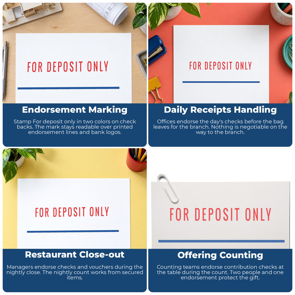 "For deposit only" imprint applied to paperwork, rectangle impression at 1/2 x 1-5/8 in