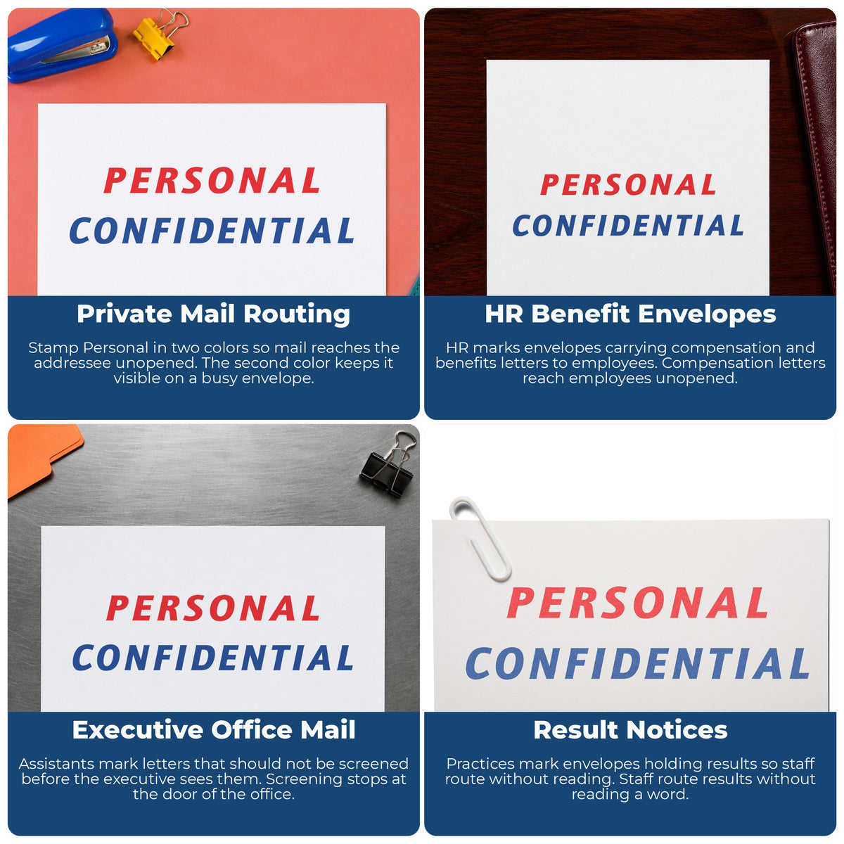 "Personal" imprint applied to paperwork, rectangle impression at Approximately 1/2 in tall x 1-5/8 in wide