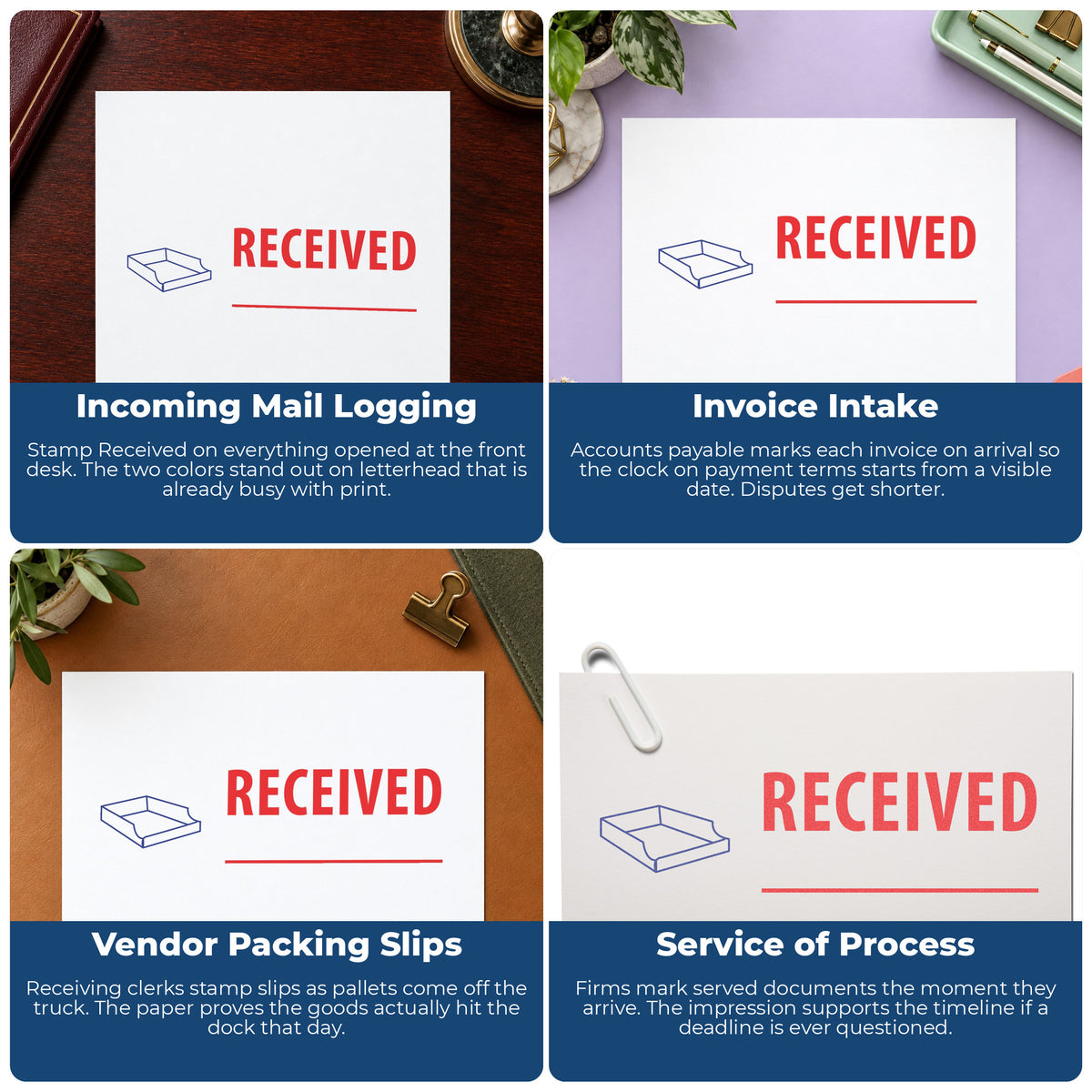 "Received" imprint applied to paperwork, rectangle impression at Approximately 1/2 in tall x 1-5/8 in wide