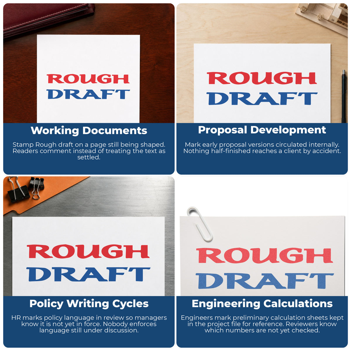 "Rough draft" imprint applied to paperwork, rectangle impression at 1/2 x 1-5/8 in