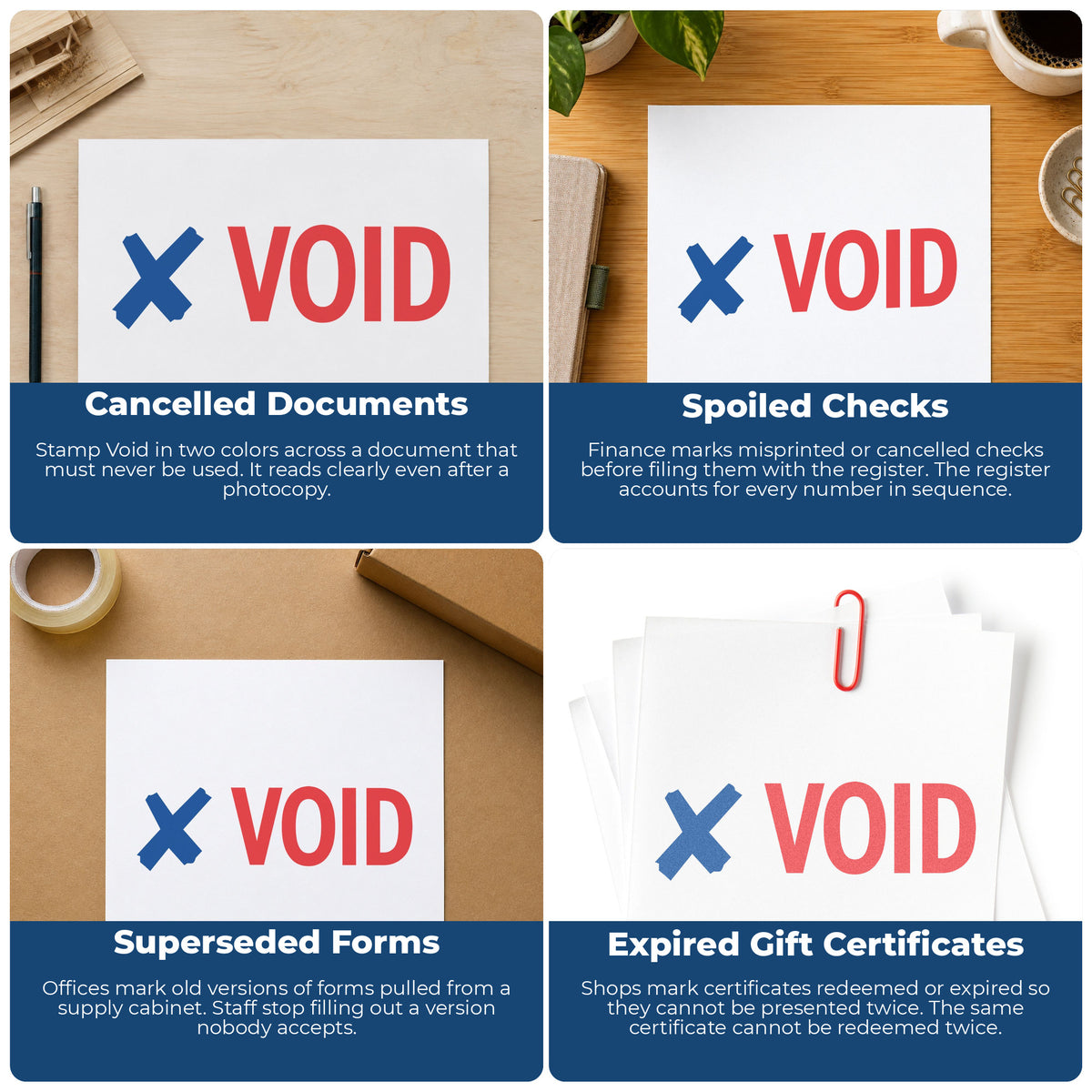 "Void" imprint applied to paperwork, rectangle impression at 1/2 x 1-5/8 in