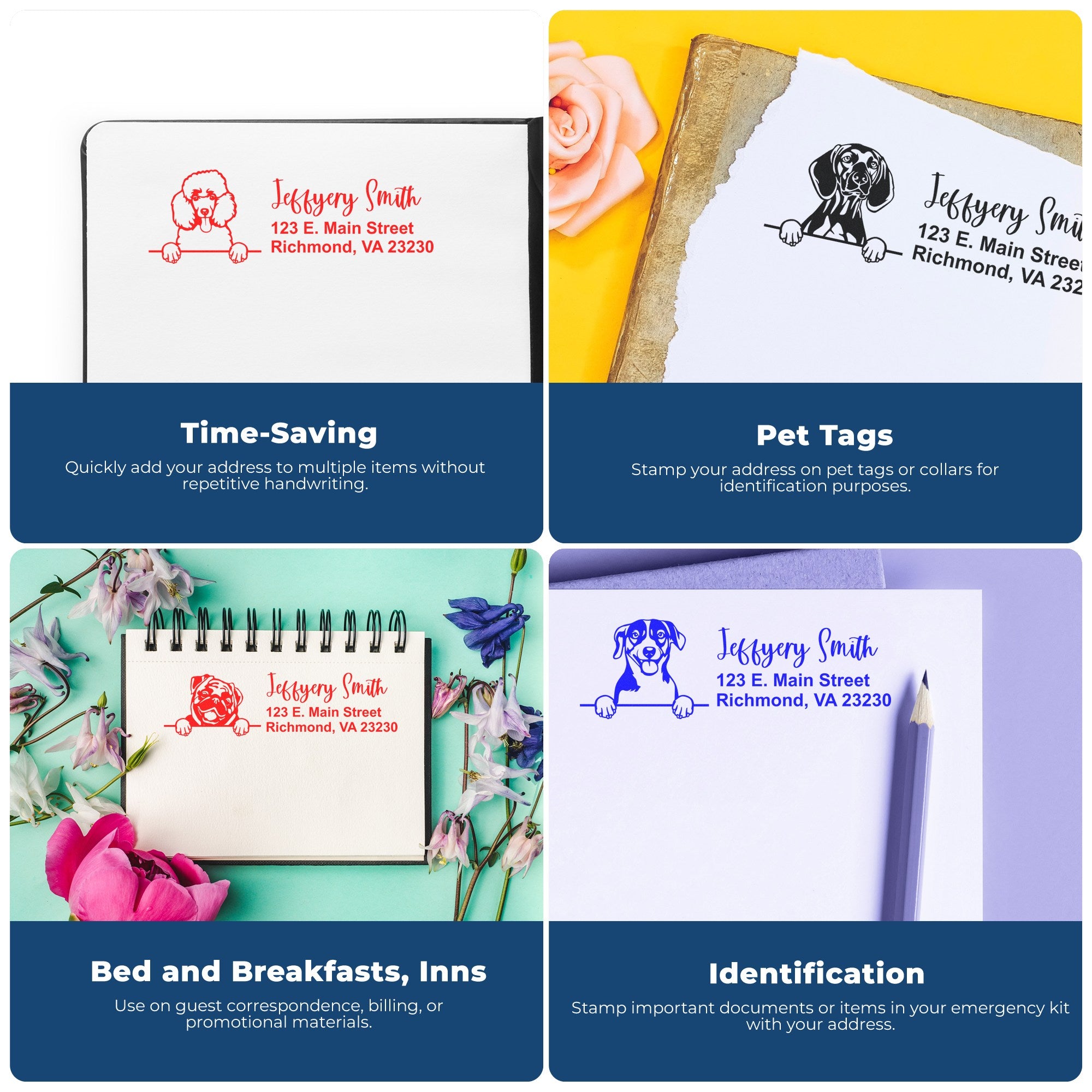 Custom dog address stamp and seal designs in red, black, and blue on paper, notebook, and envelopes.