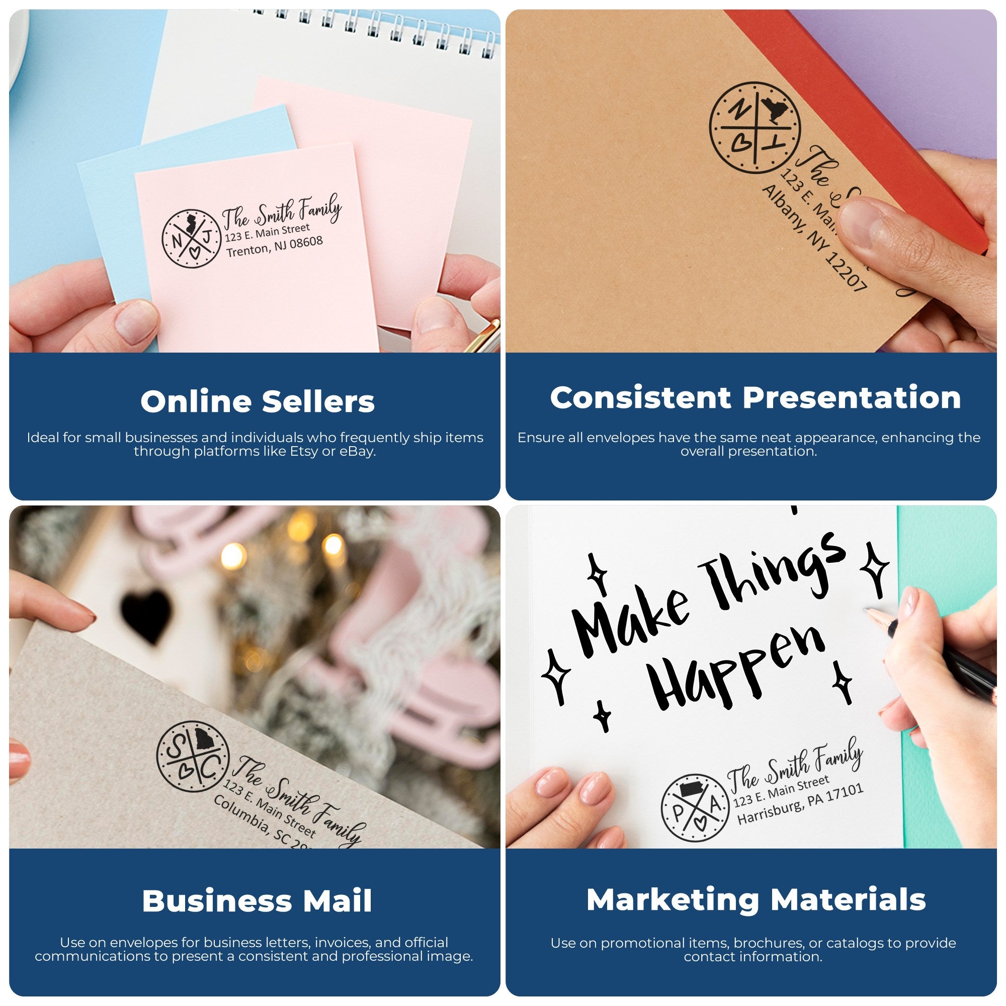 Image showcasing the PSI Pre-Inked New Jersey State Pride Customized Address Stamp used on various envelopes and cards, highlighting its application for online sellers, business mail, and marketing materials.