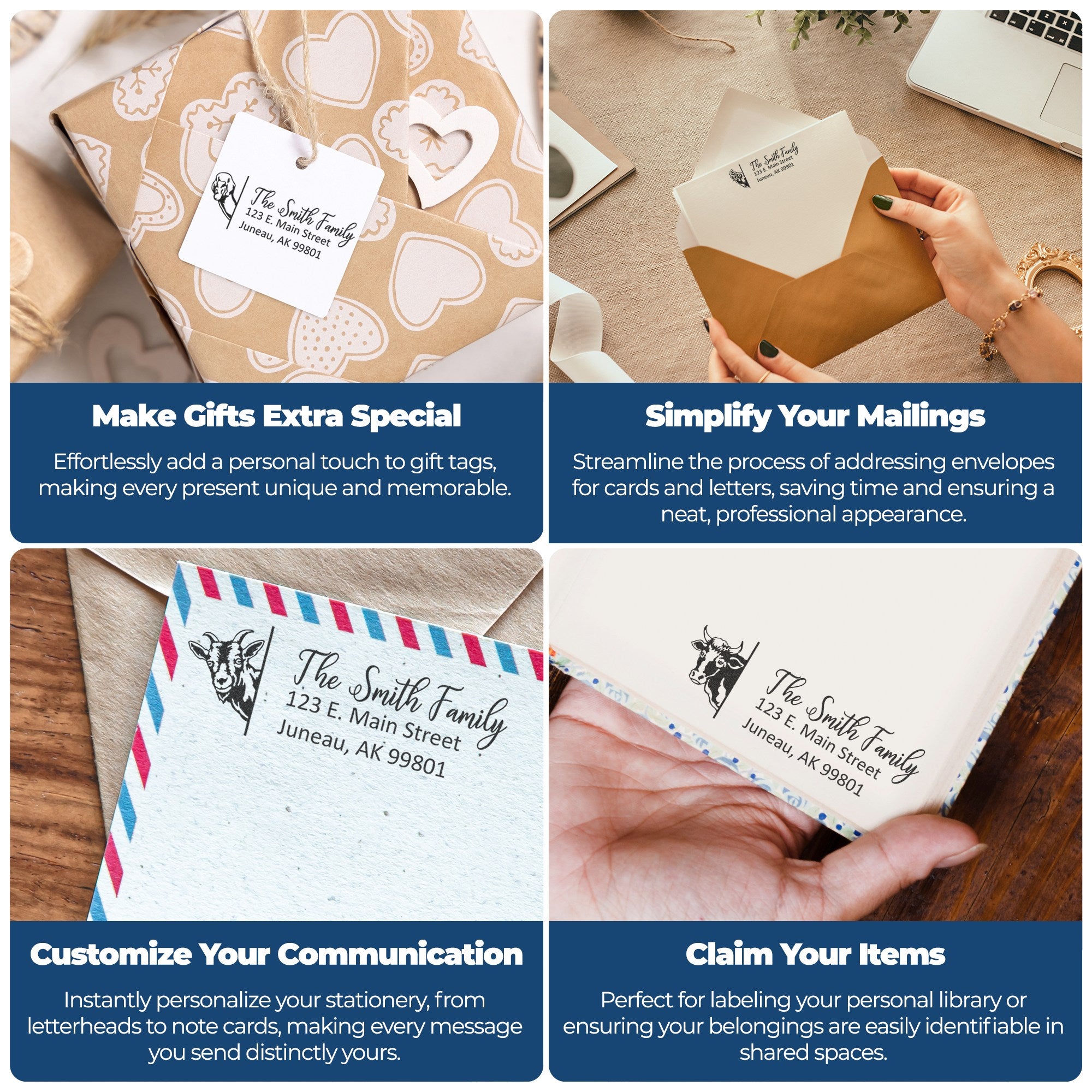 Custom stamp and seal products on kraft gift tags and envelopes, with black text, white labels, and blue accents.