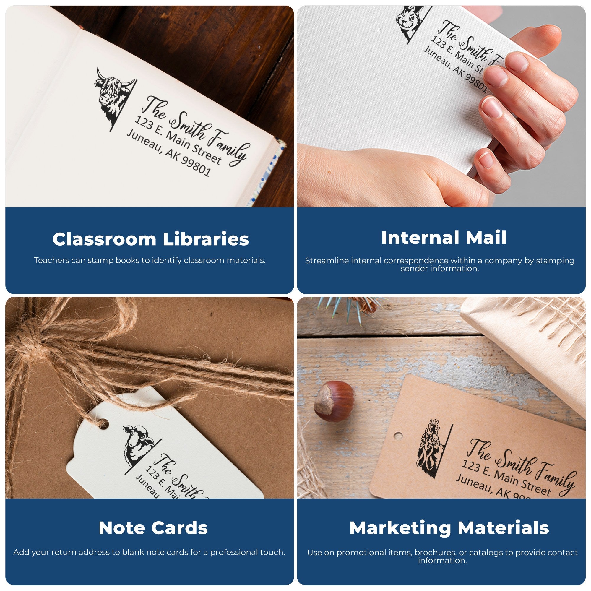 Custom black stamp and seal designs on white and kraft cards, books, mail, and tags for classroom, internal mail, and marketing.