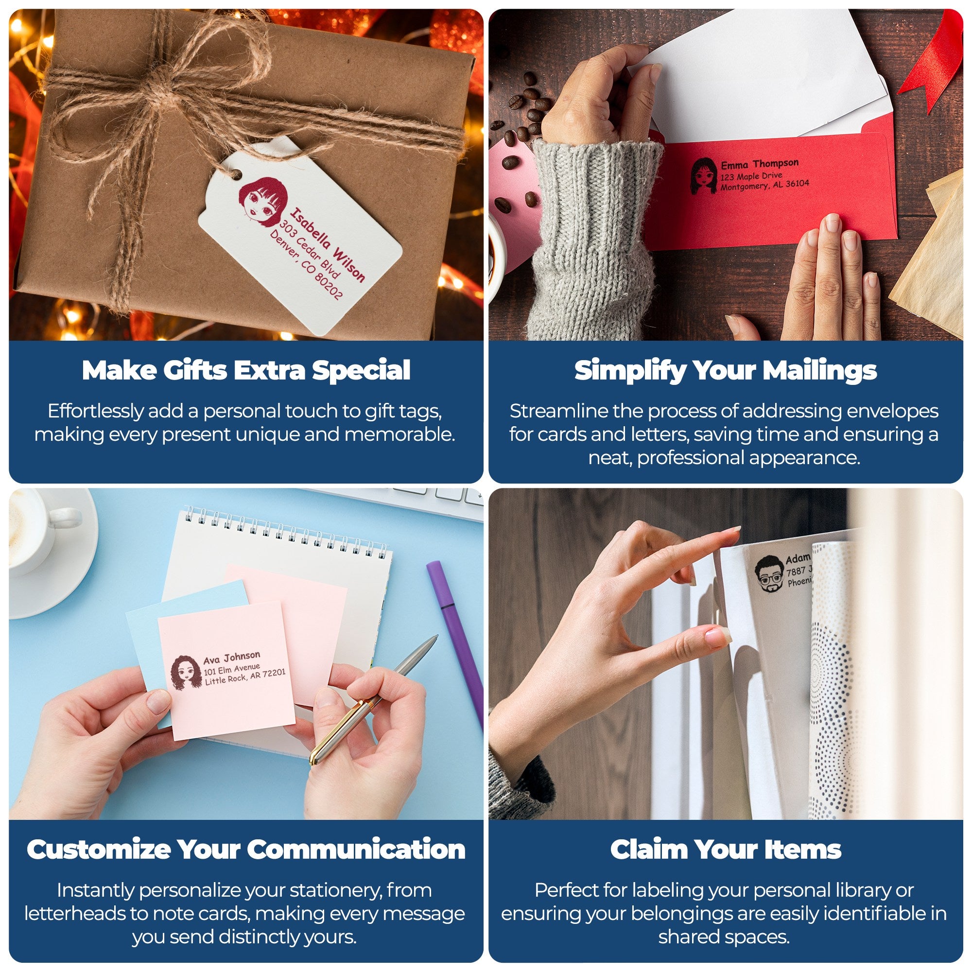 Collage of personalized stamp and seal labels on brown gift wrap, red envelopes, pink stationery, and white books.