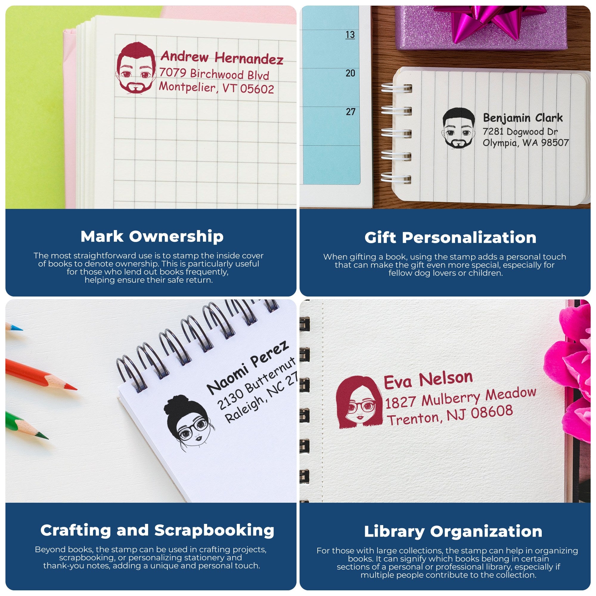 Colorful personalized book stamps and address seals on notebooks, with red and black name stamps and illustrated faces.