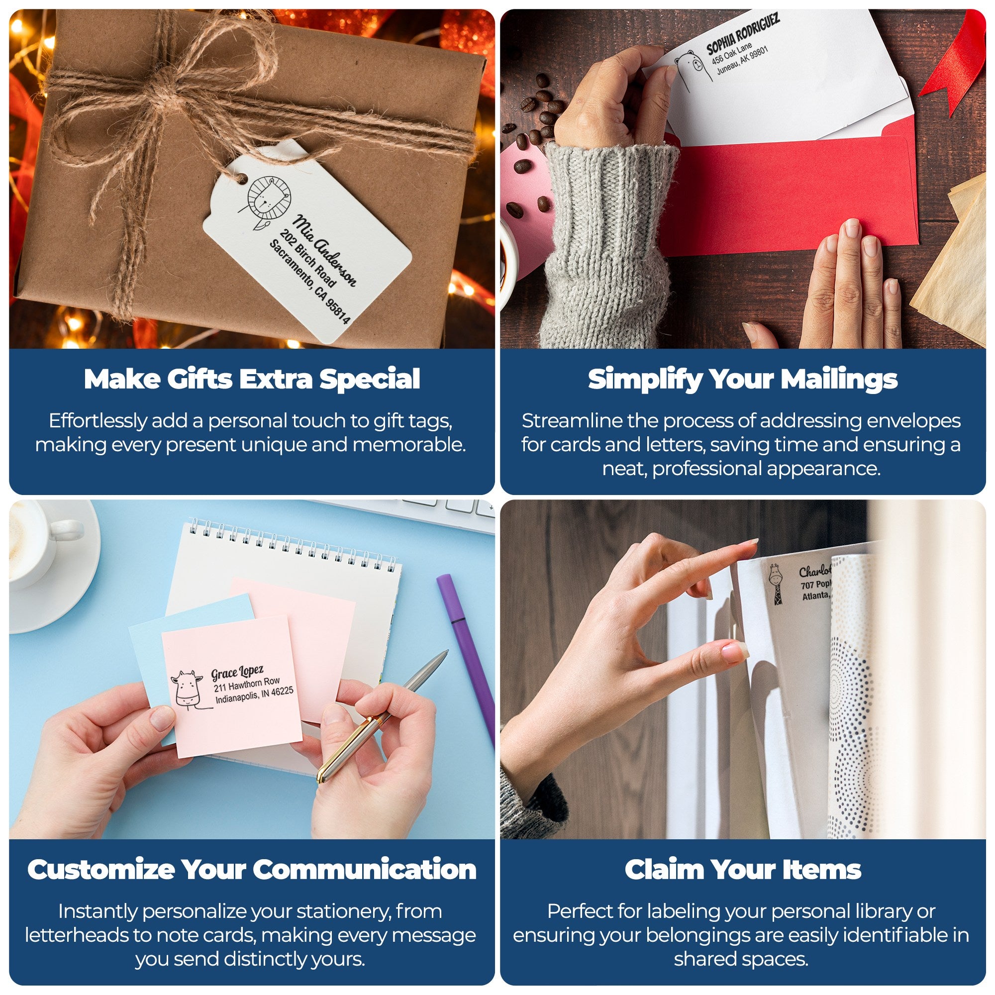 A collage of four images showcasing the Slim Pre-Inked Lovable Lion's Lair Custom Address Stamp. Features include personalizing gift tags, simplifying mailings, customizing stationery, and labeling personal items. Personalizable Address Stamper in use.
