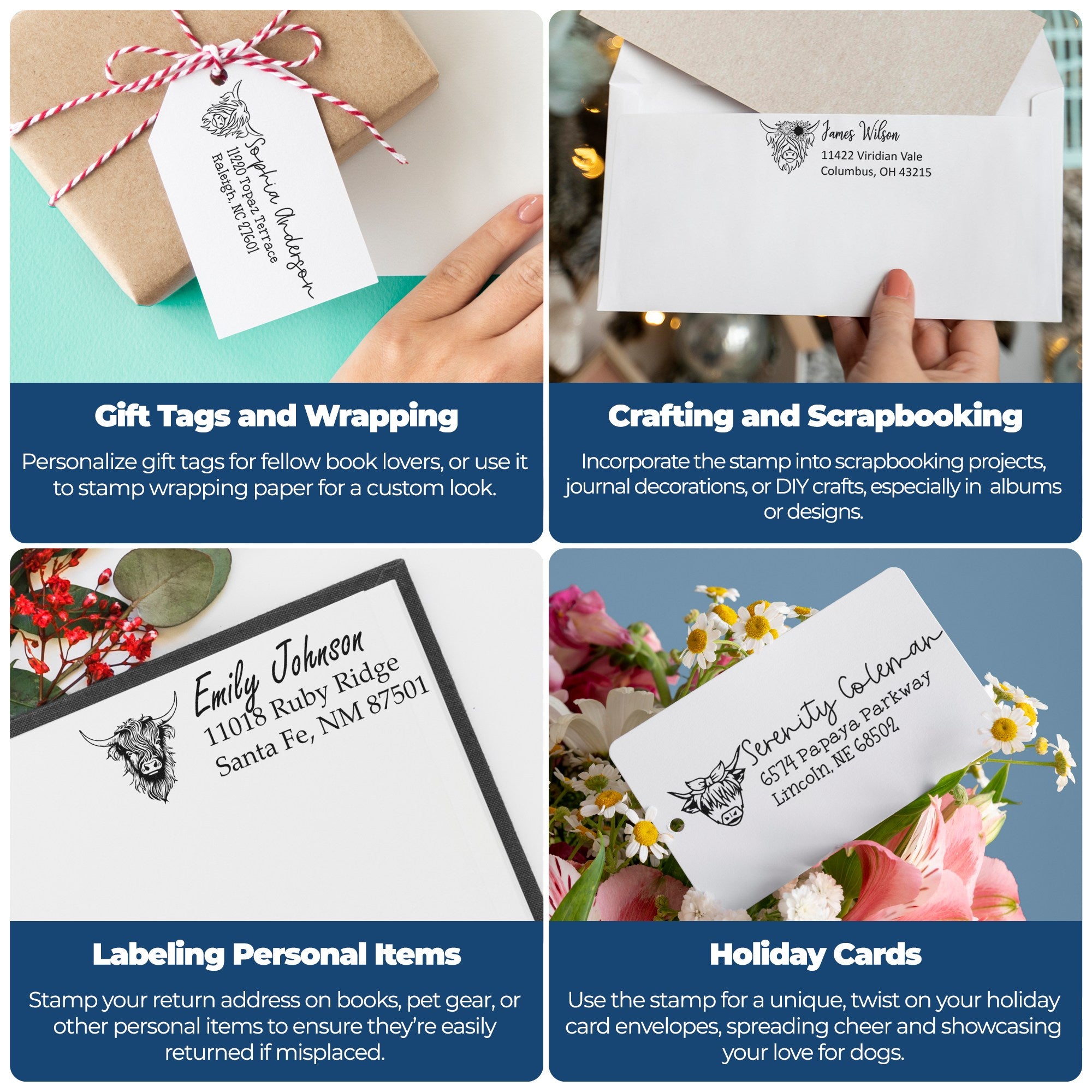 Personalized stamp and seal products on white envelopes, gift tags, and cards with black line art, kraft paper, and floral accents.