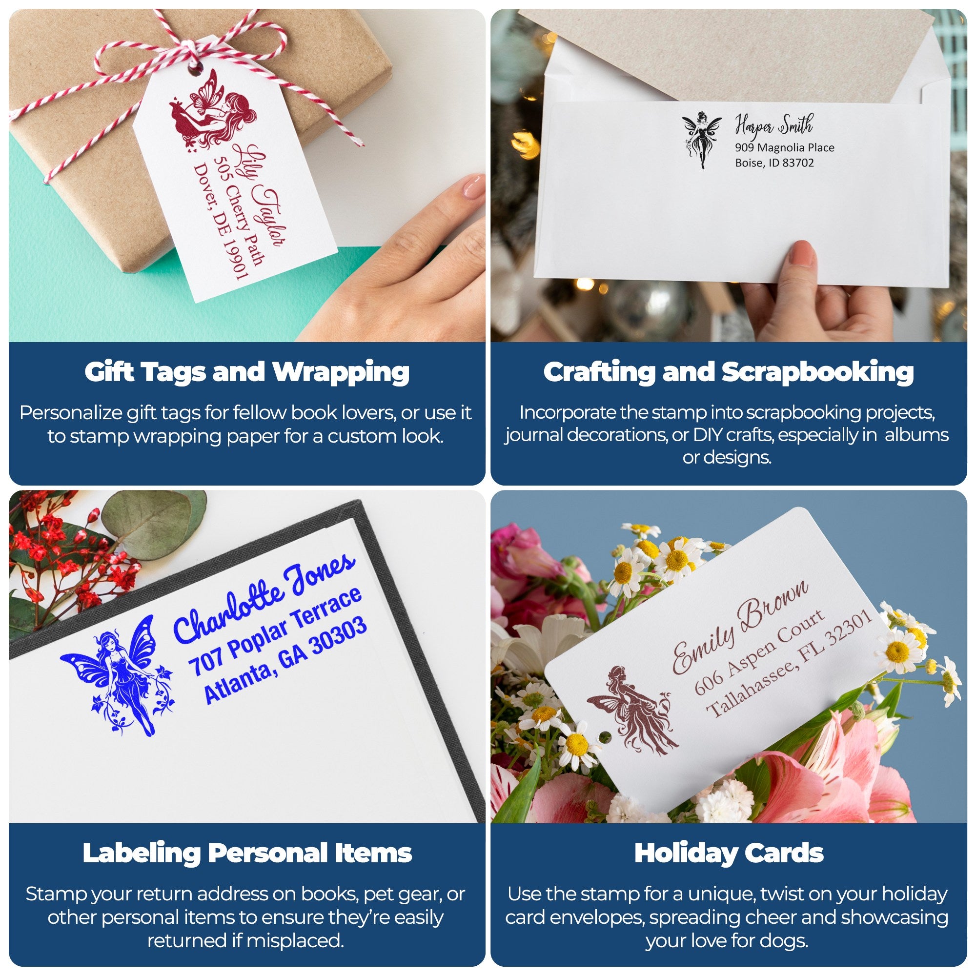 Personalized stamp and seal products on gift tags, envelopes, and cards in pink, black, blue, and brown.
