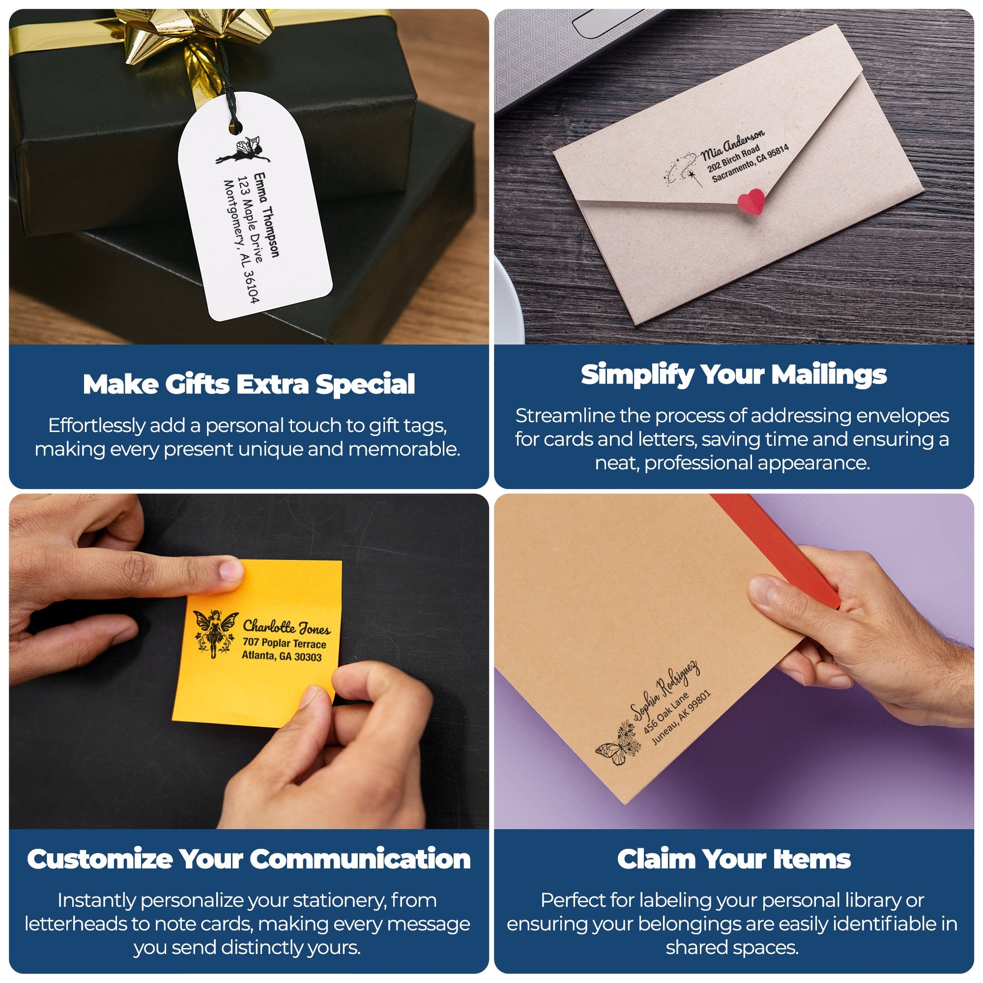 Personalized stamp and seal products on gift tags, envelopes and stationery in black, white, beige, yellow and purple.