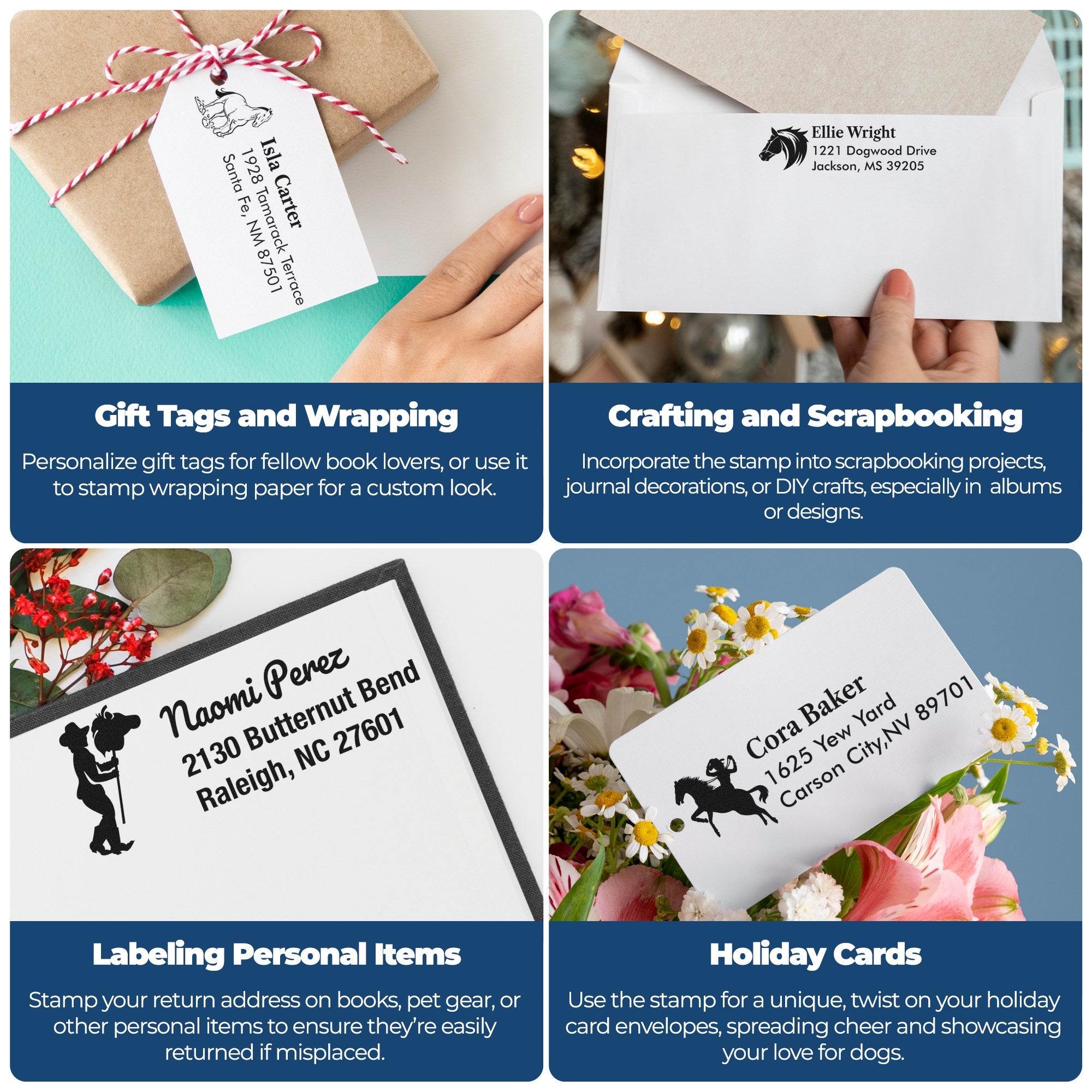 Custom black stamp and seal designs on white tags and envelopes for gift wrapping, scrapbooking, labels, and holiday cards.