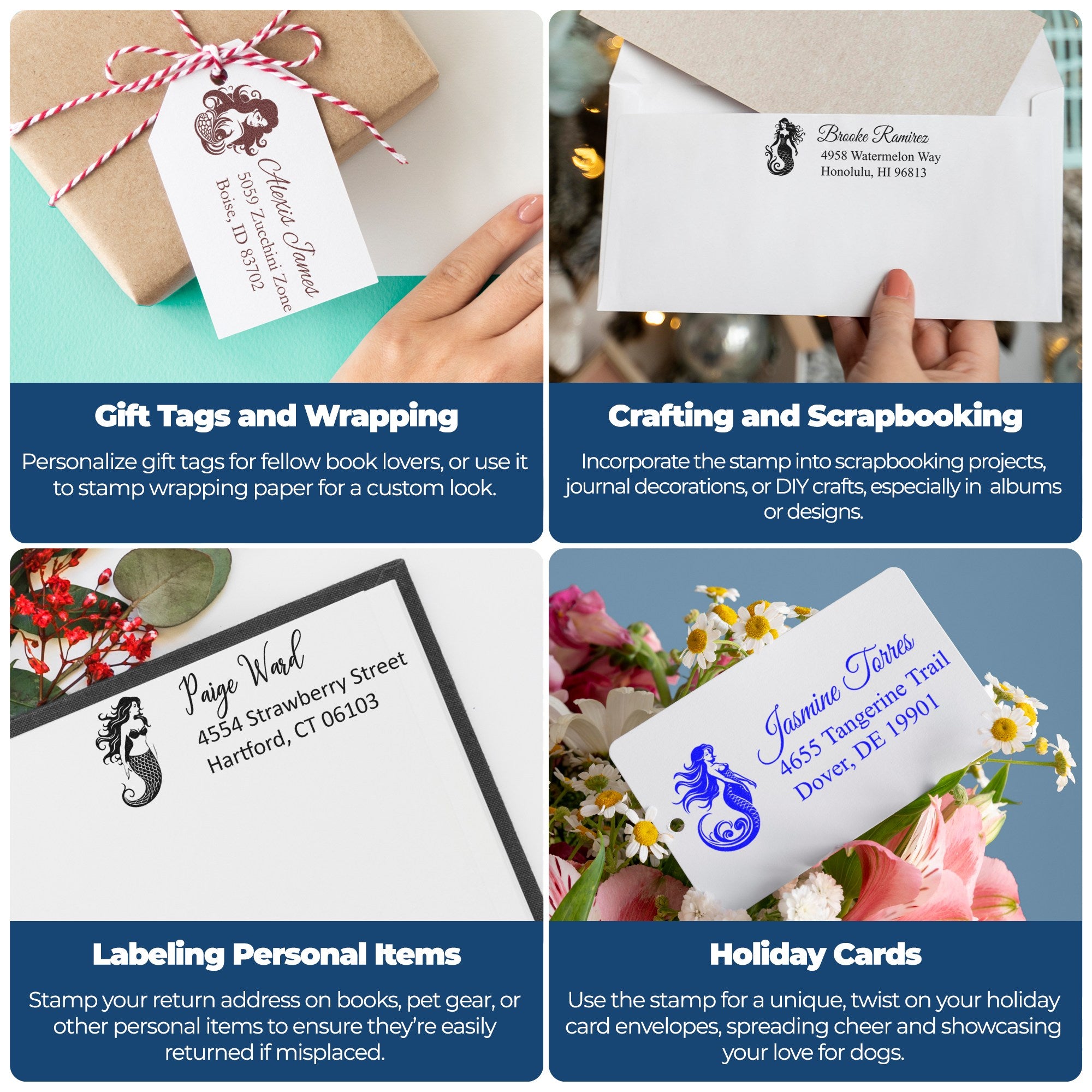 Personalized mermaid stamp and seal products in brown, black, and blue on gift tags, envelopes, labels, and holiday cards.