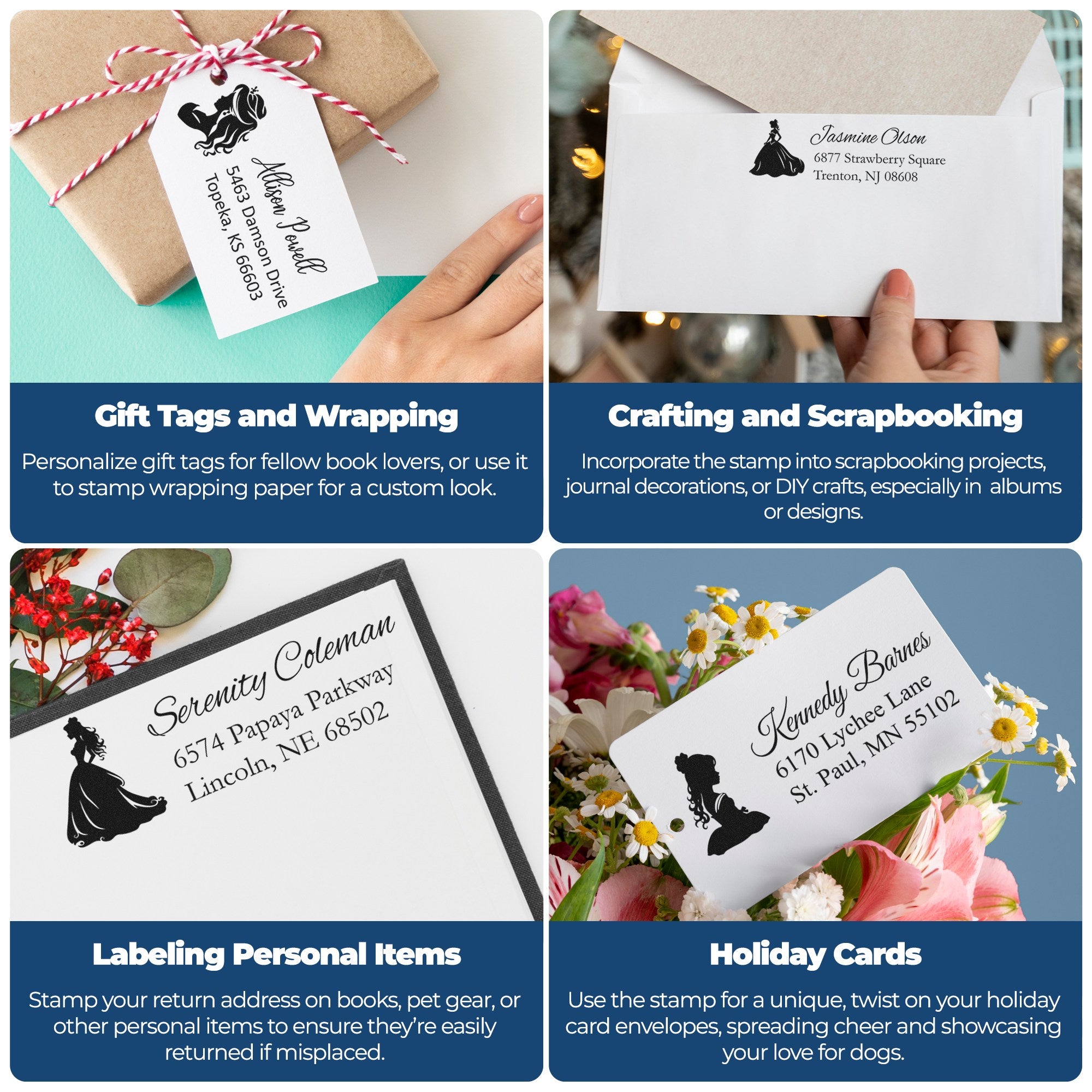 Personalized black stamp and seal designs on white envelopes and gift tags, with kraft wrapping, flowers, and ribbon.