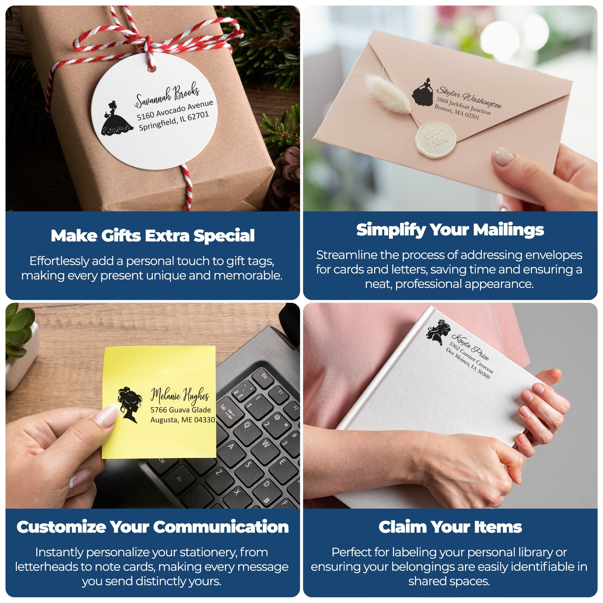 Personalized stamp and seal products on gift tags, envelopes, notes, and labels in brown, pink, yellow, and white.