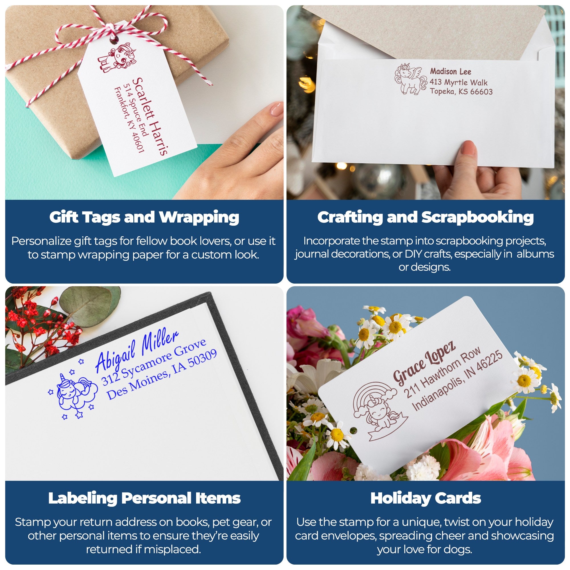 Collage of personalized stamp and seal products on gift tags, envelopes, notebooks and cards in red, blue and brown designs.