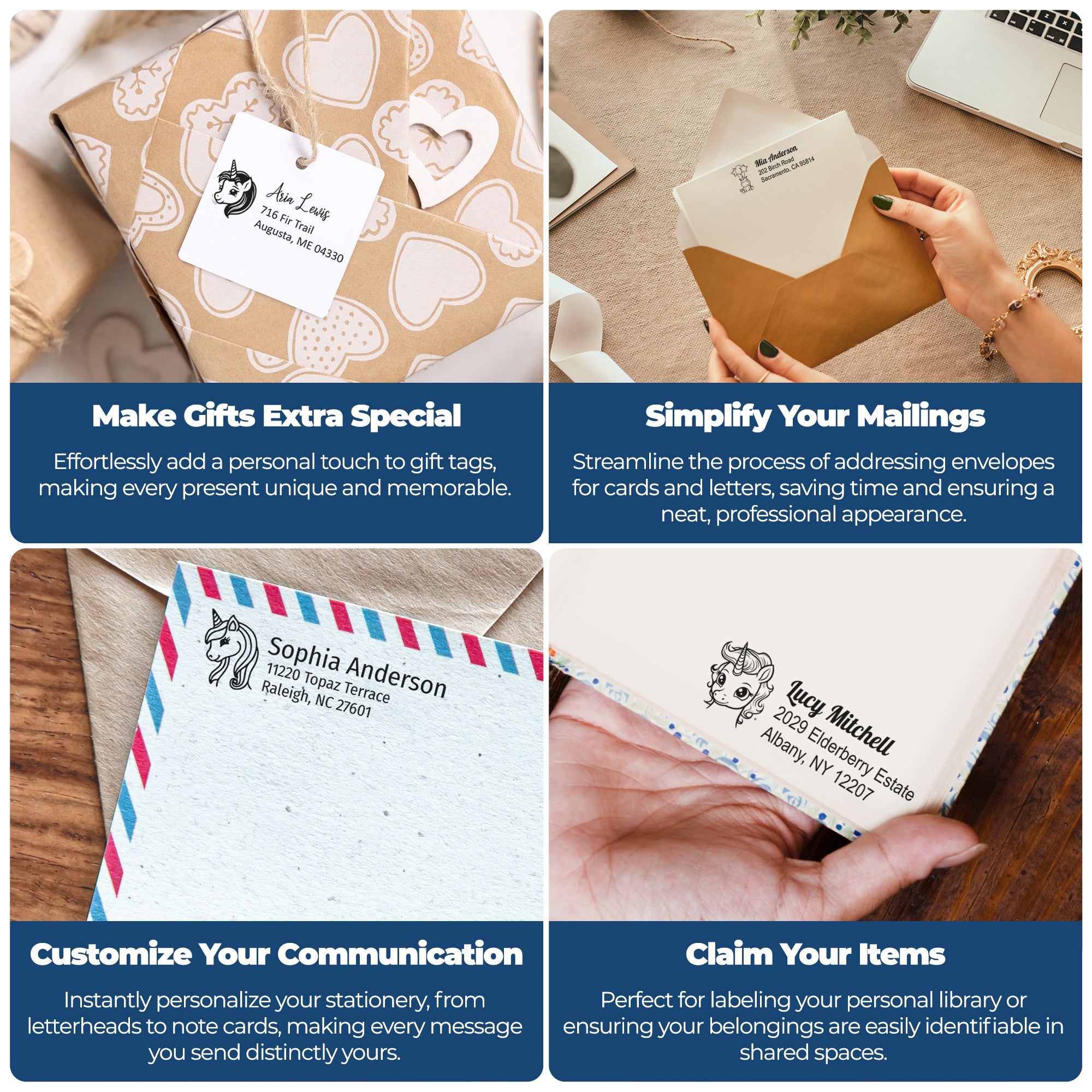 Custom stamp and seal products on gift wrap and envelopes, featuring unicorn designs in beige, white, blue, and brown.