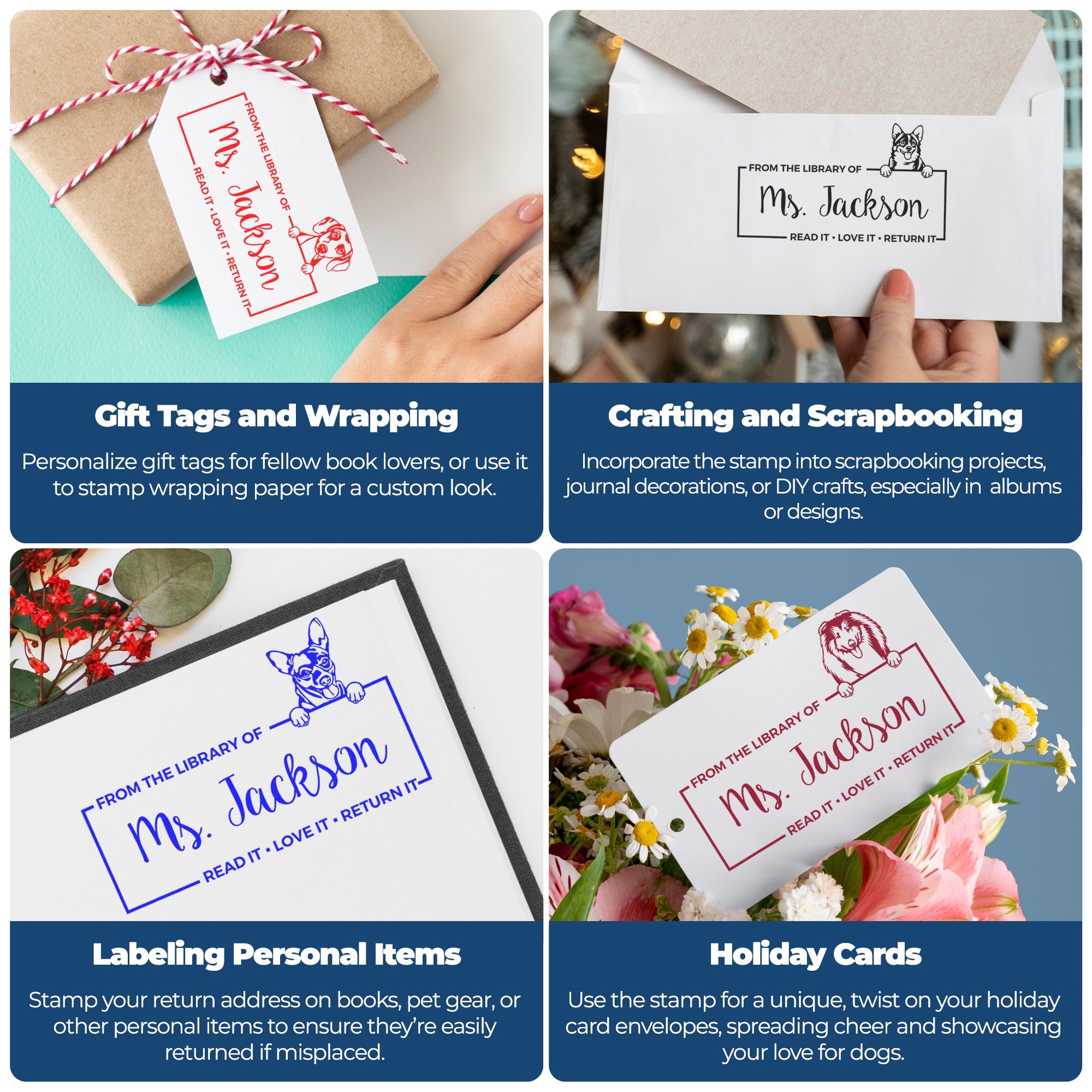 Collage of custom library stamp and seal products in red, black, blue, and maroon on wrapped gifts, envelopes, cards, and notebooks.