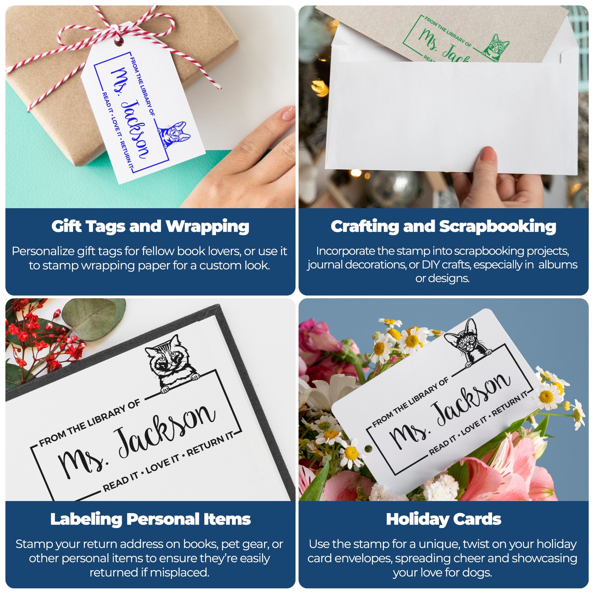 Collage of personalized book stamp and seal products on gift tags, envelopes, journals, and holiday cards in blue, green, and black.
