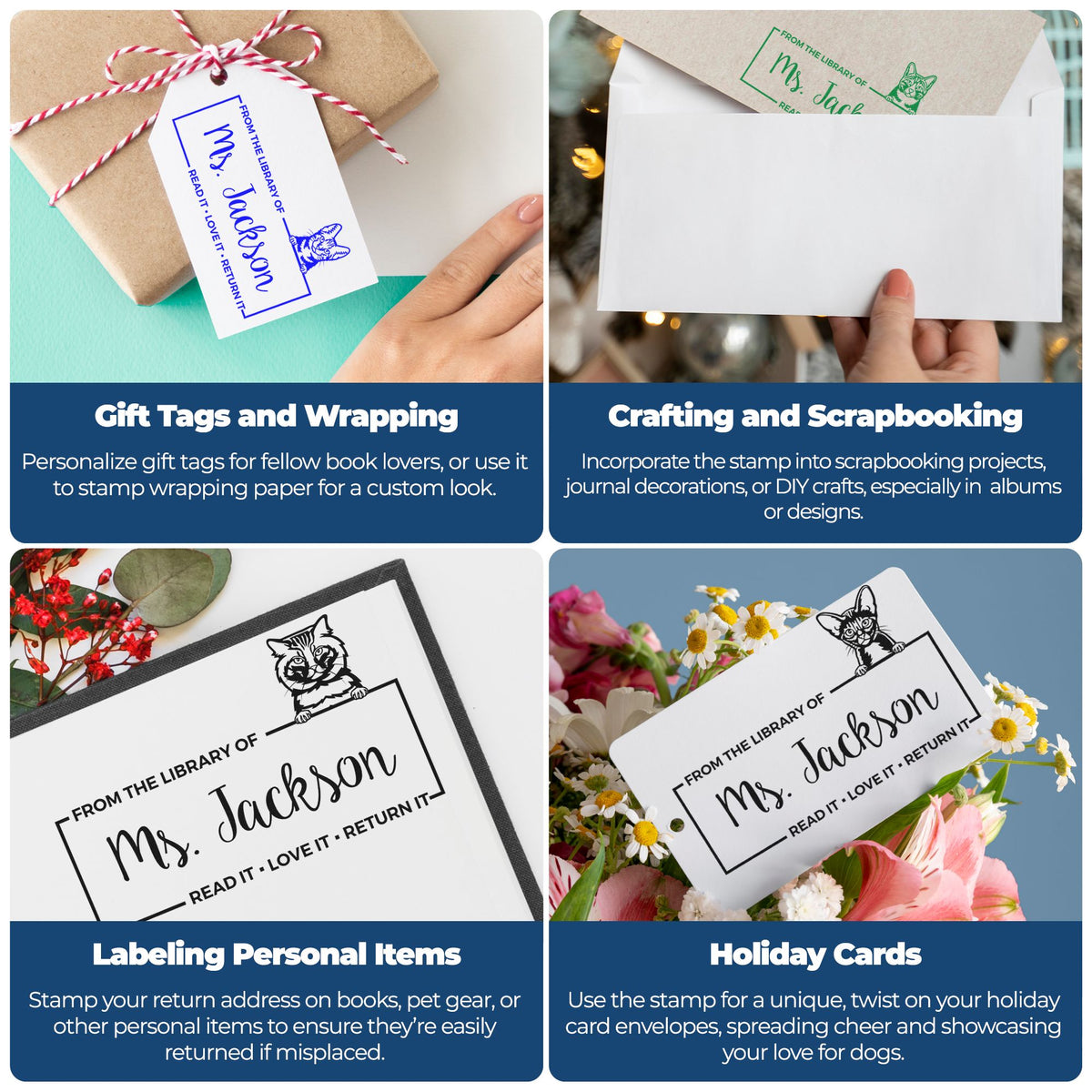 Collage of custom cat-themed stamp and seal products on gift tags, envelopes, cards, and wrapped packages in blue, green, and black.