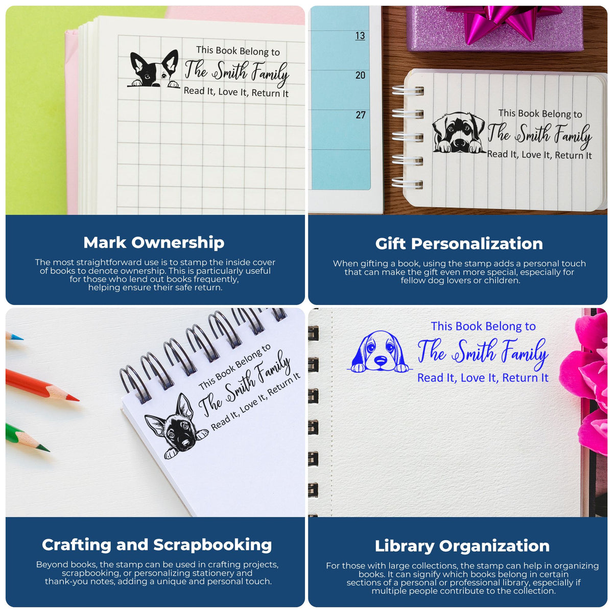 Personalized dog book ownership stamp and seal designs on notebooks, in black and blue, with Smith family text.