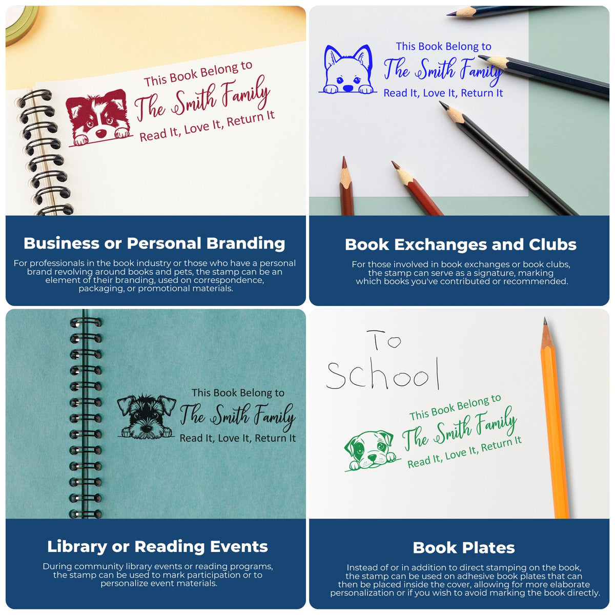 Personalized book stamp and seal collage with dog logos and The Smith Family in burgundy, blue, teal, and green on books and paper.